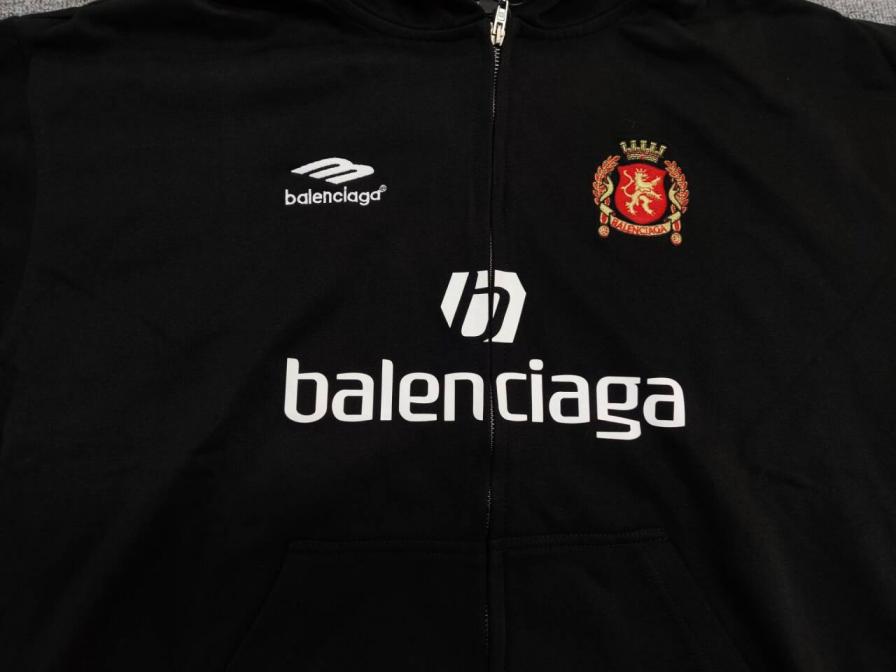 Alenciaga Black Zip-Up Hoodie with Logo and Crest Design