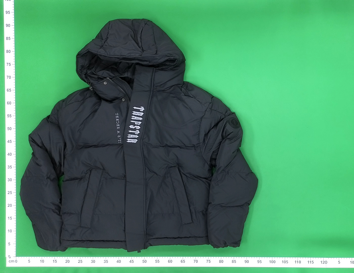 Black Puffer Jacket with Hood and Abstract Print