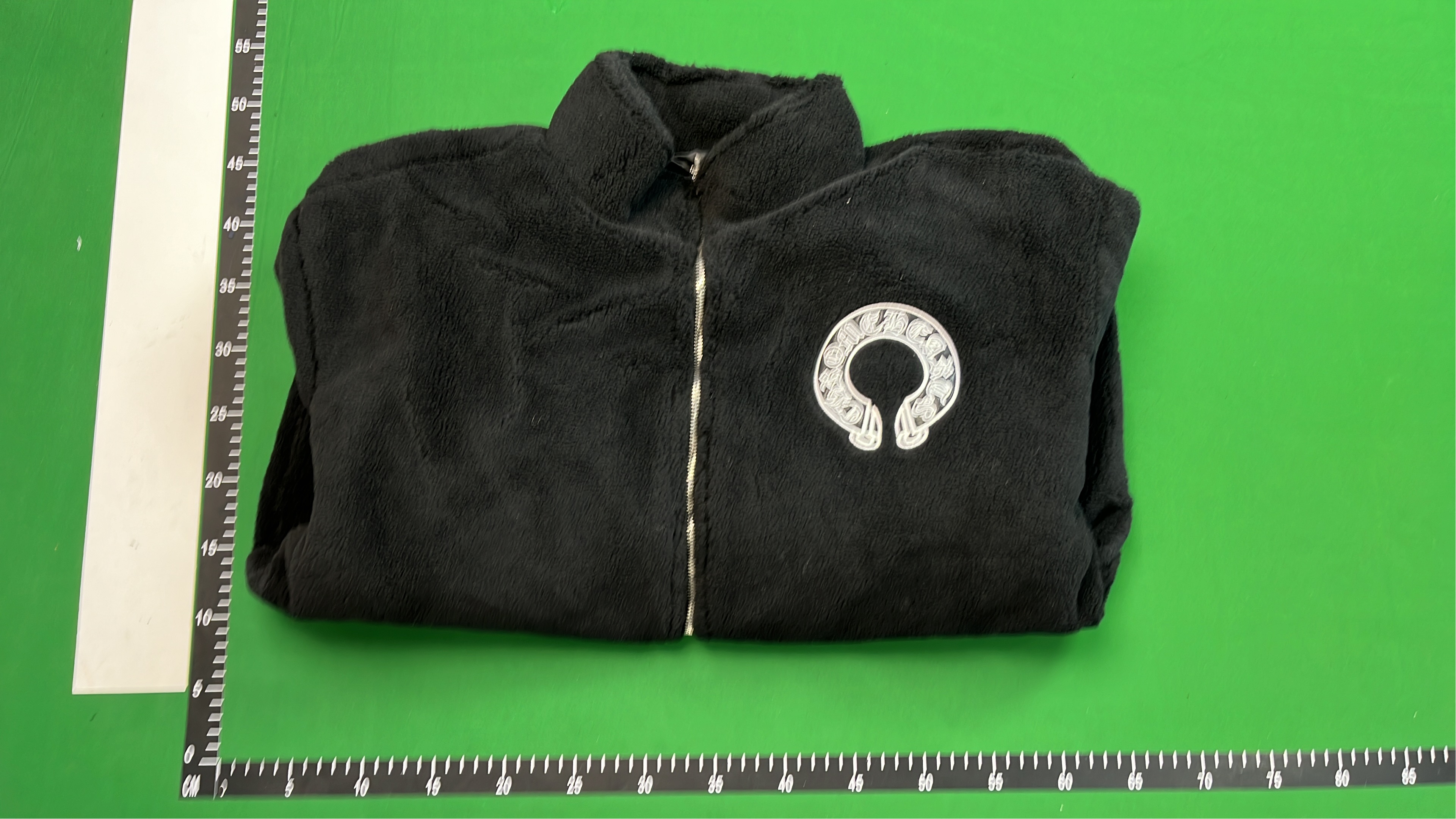 Black Fuzzy Zip-Up Jacket with Logo Patch