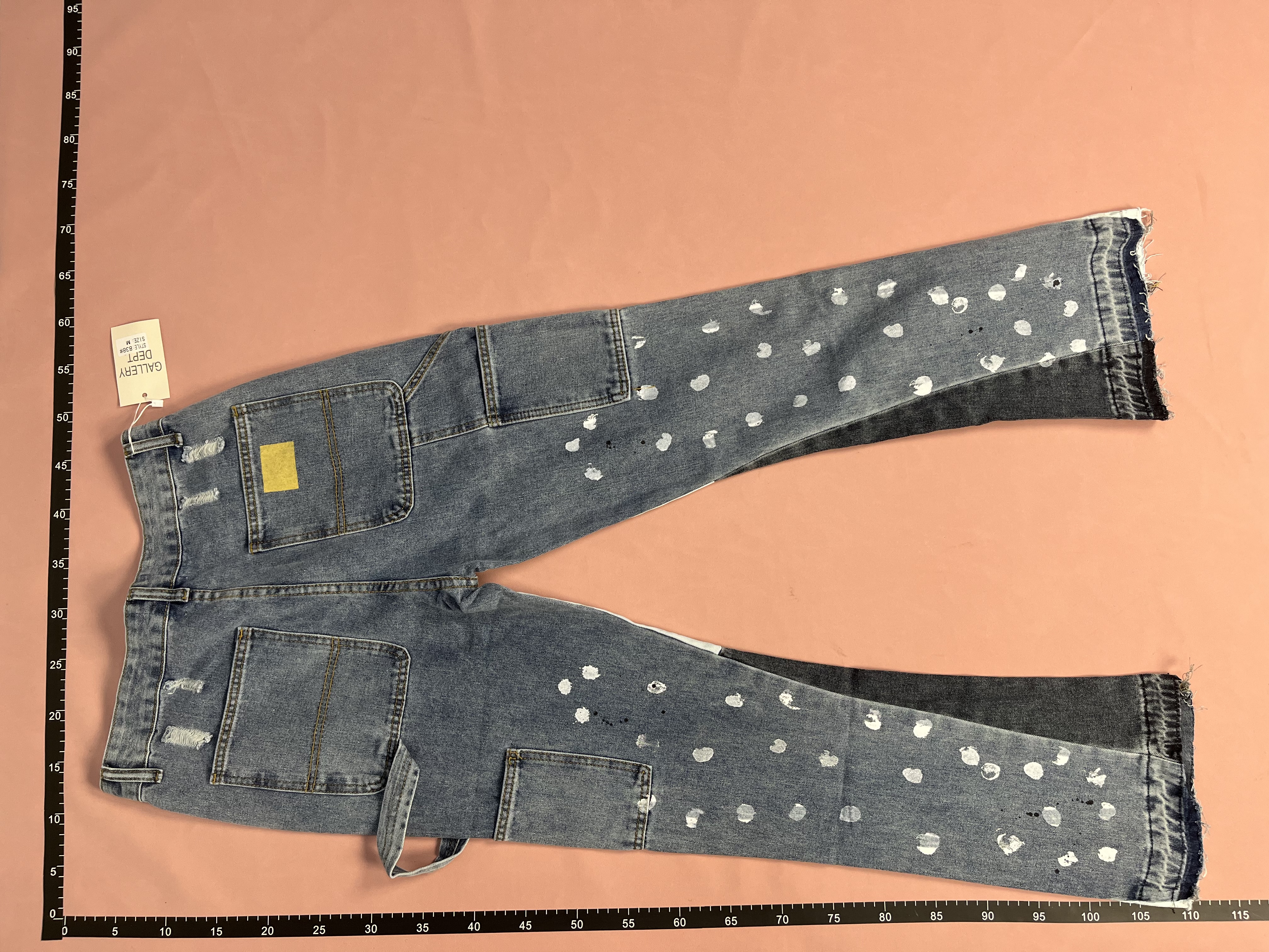 Patchwork Denim Trousers with Colorful Panels and Frayed Hem
