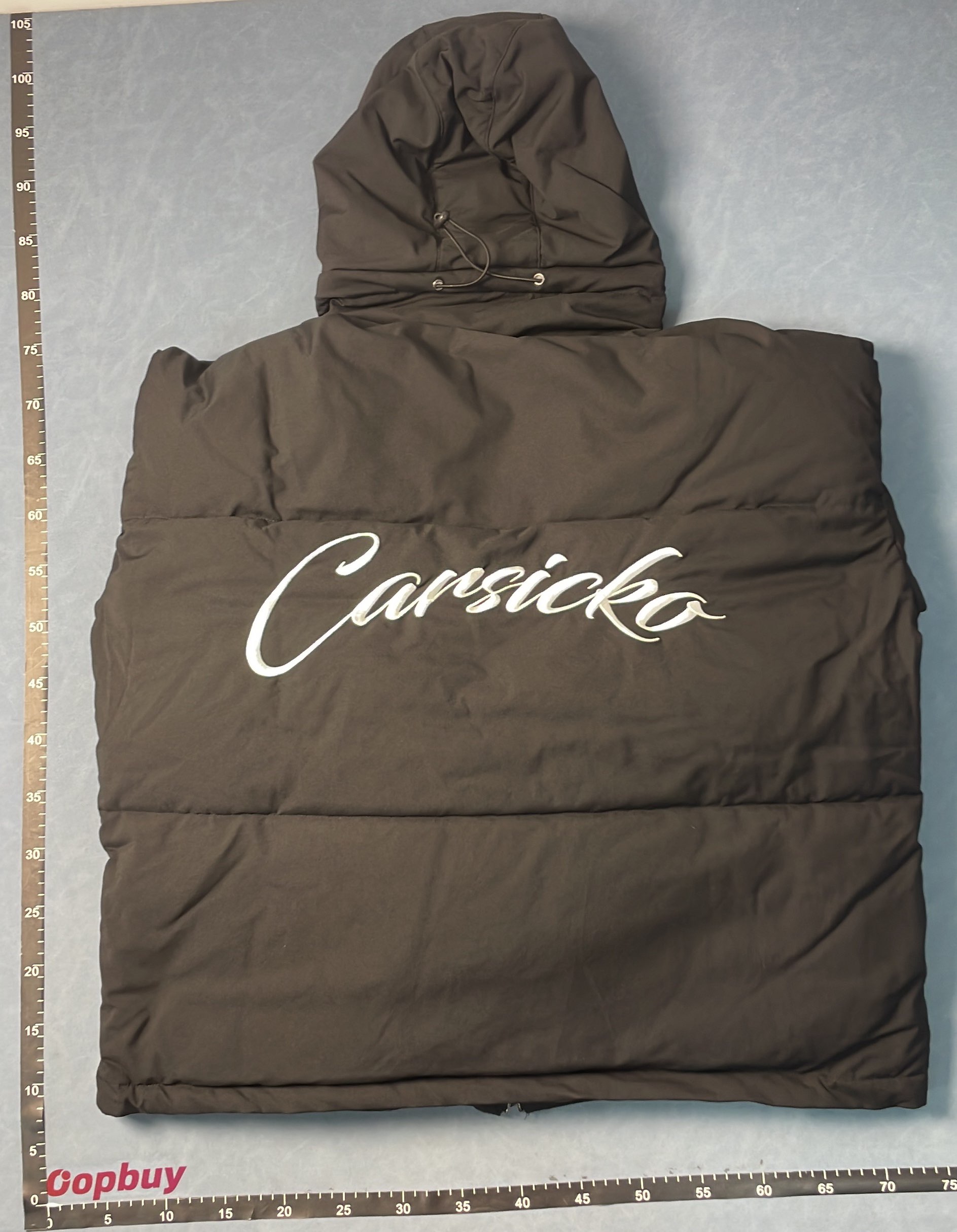 Black Hooded Puffer Jacket with Abstract Design