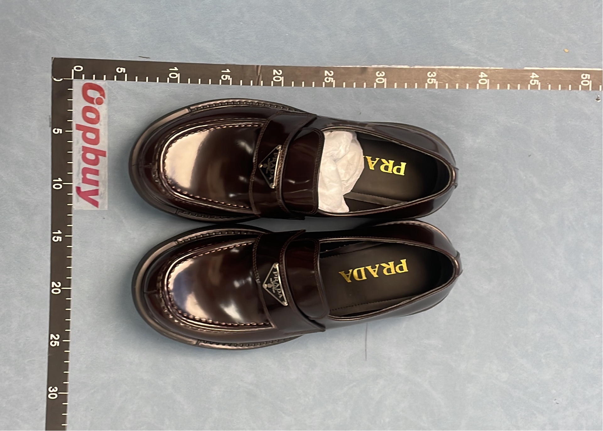 Prada Blue Patent Leather Loafers with Gold Logo