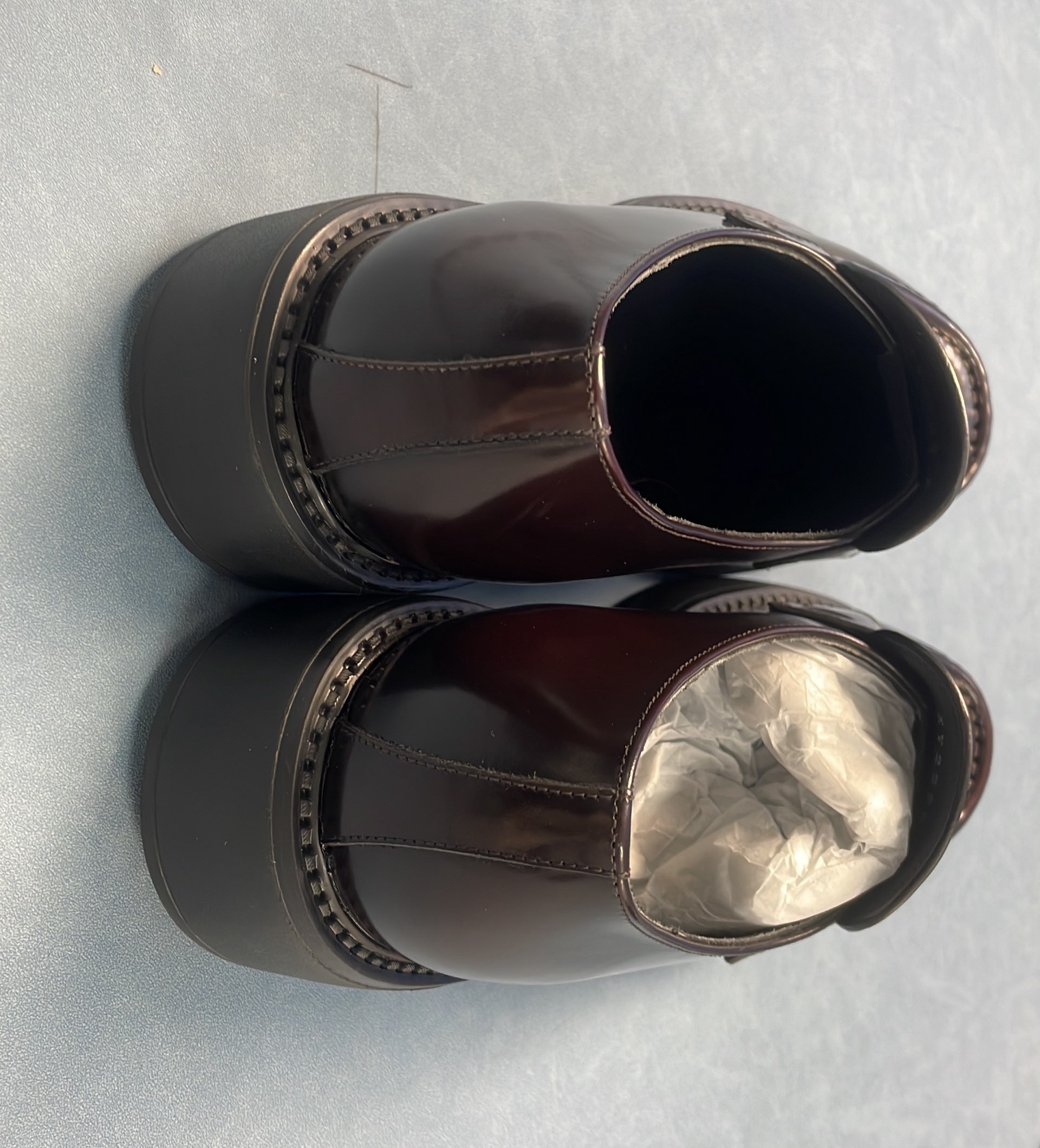 Prada Blue Patent Leather Loafers with Gold Logo