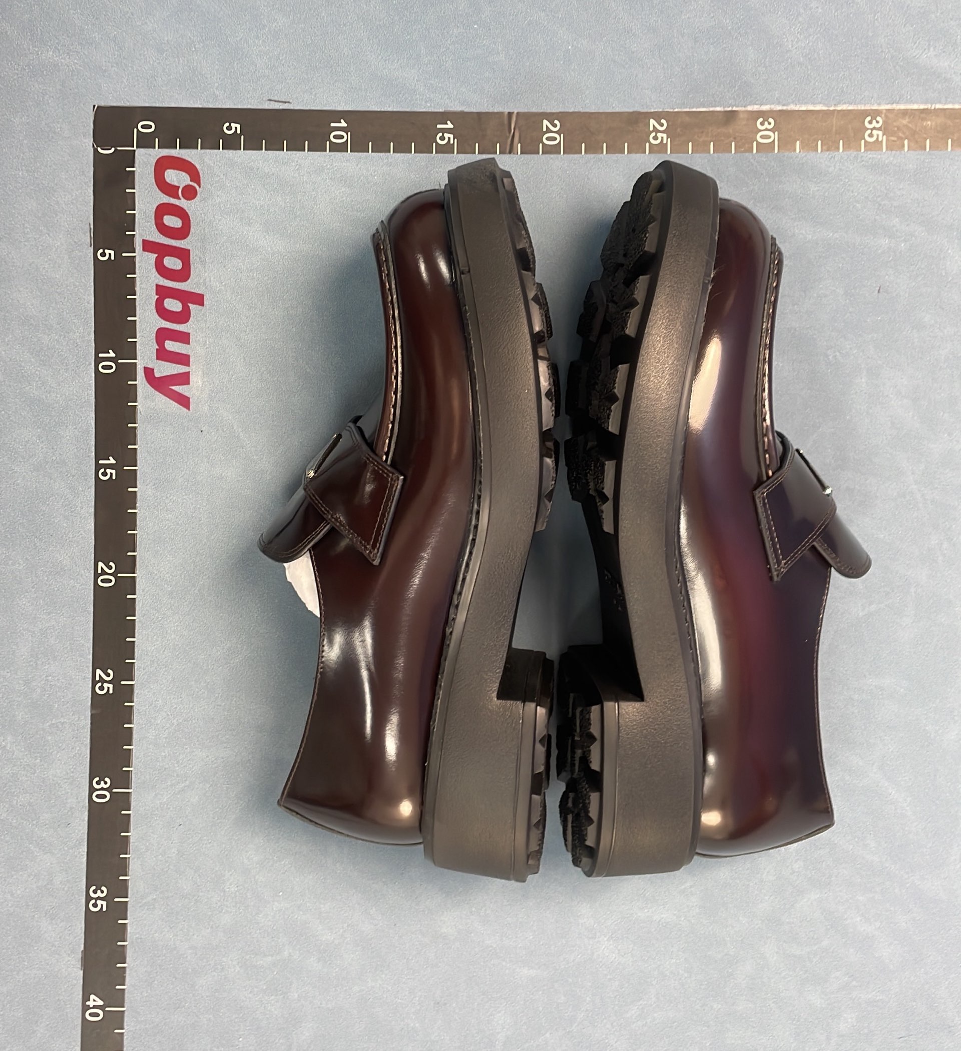 Prada Blue Patent Leather Loafers with Gold Logo