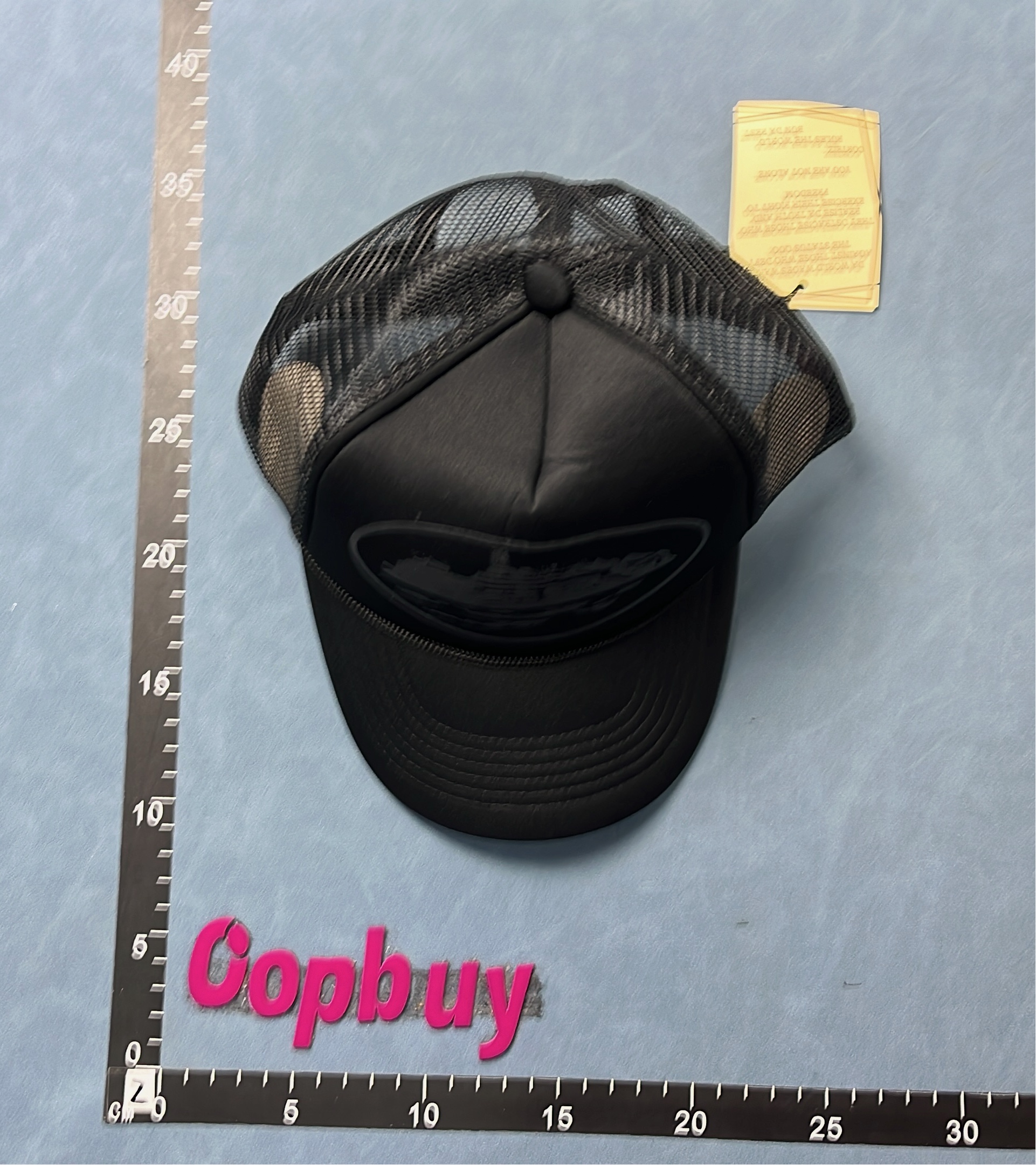 Black Trucker Hat with Blue and Grey Ocean Design