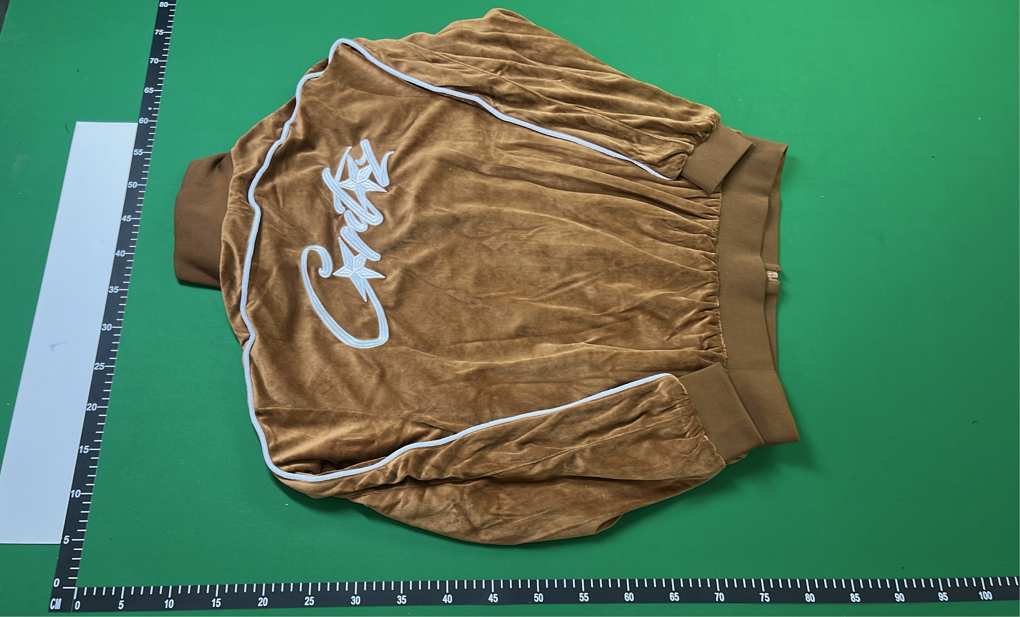 Brown Velour Track Jacket with White Trim and Logo