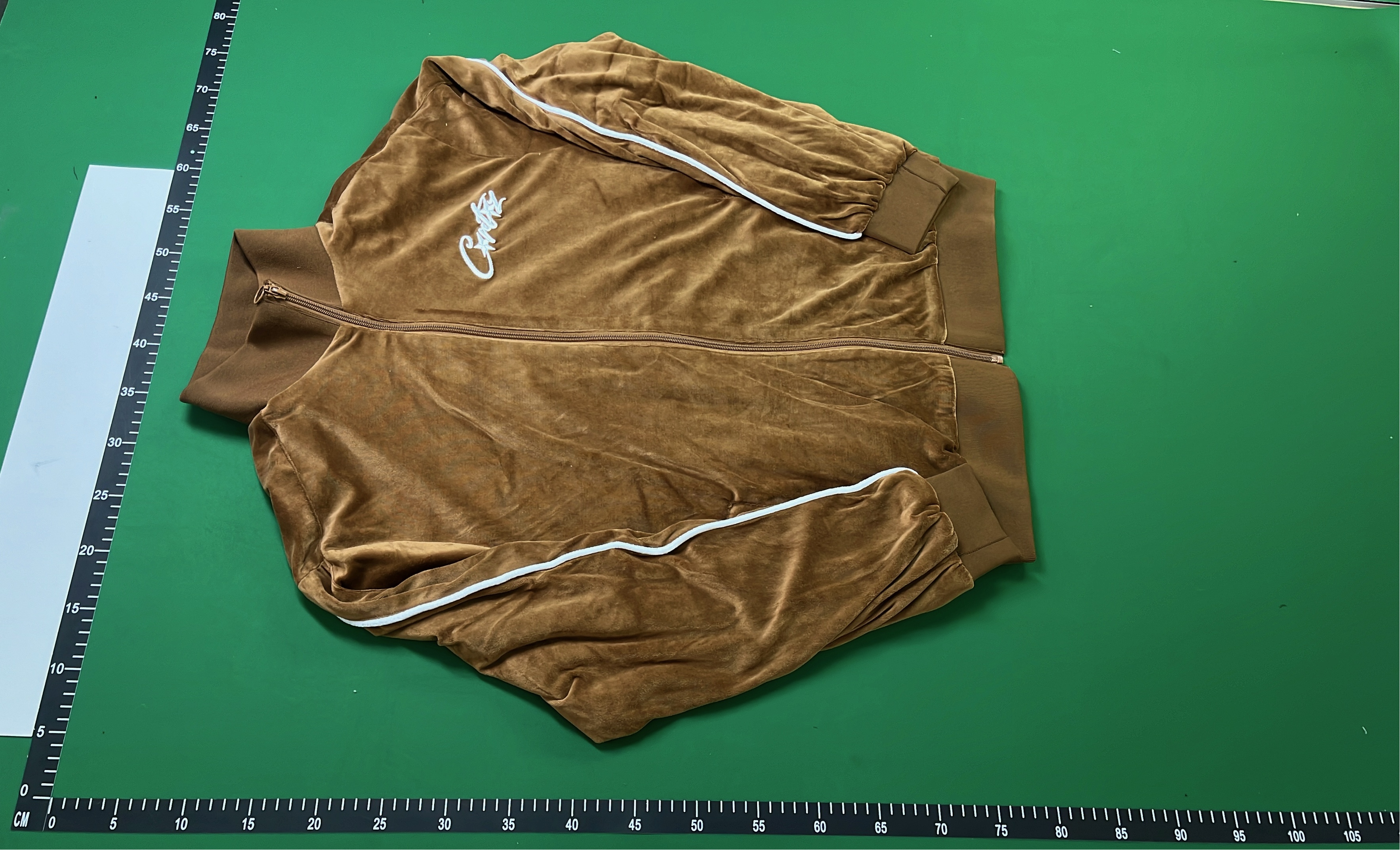 Brown Velour Track Jacket with White Trim and Logo