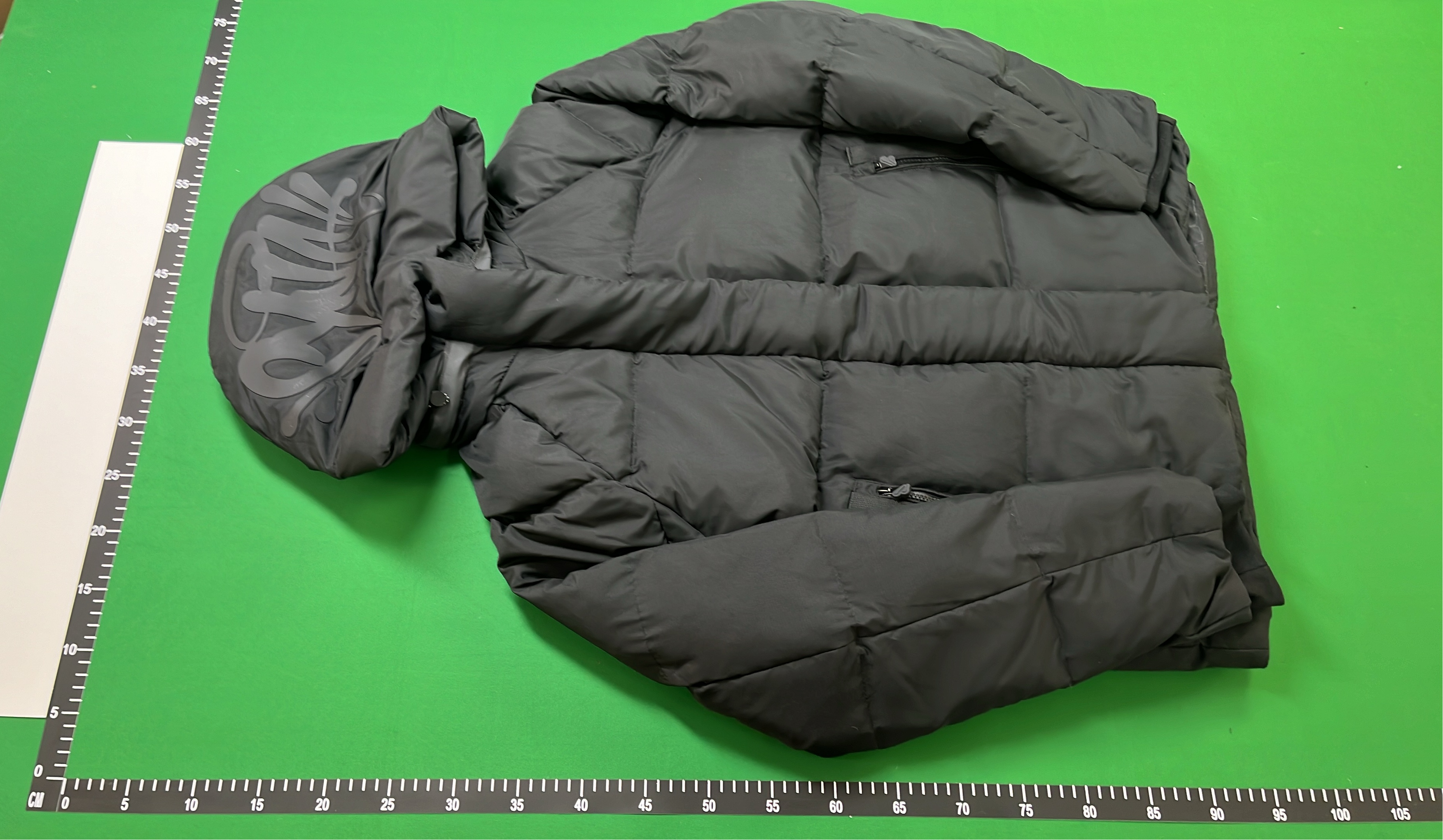 Black Puffer Jacket with Hood and Zippered Pockets