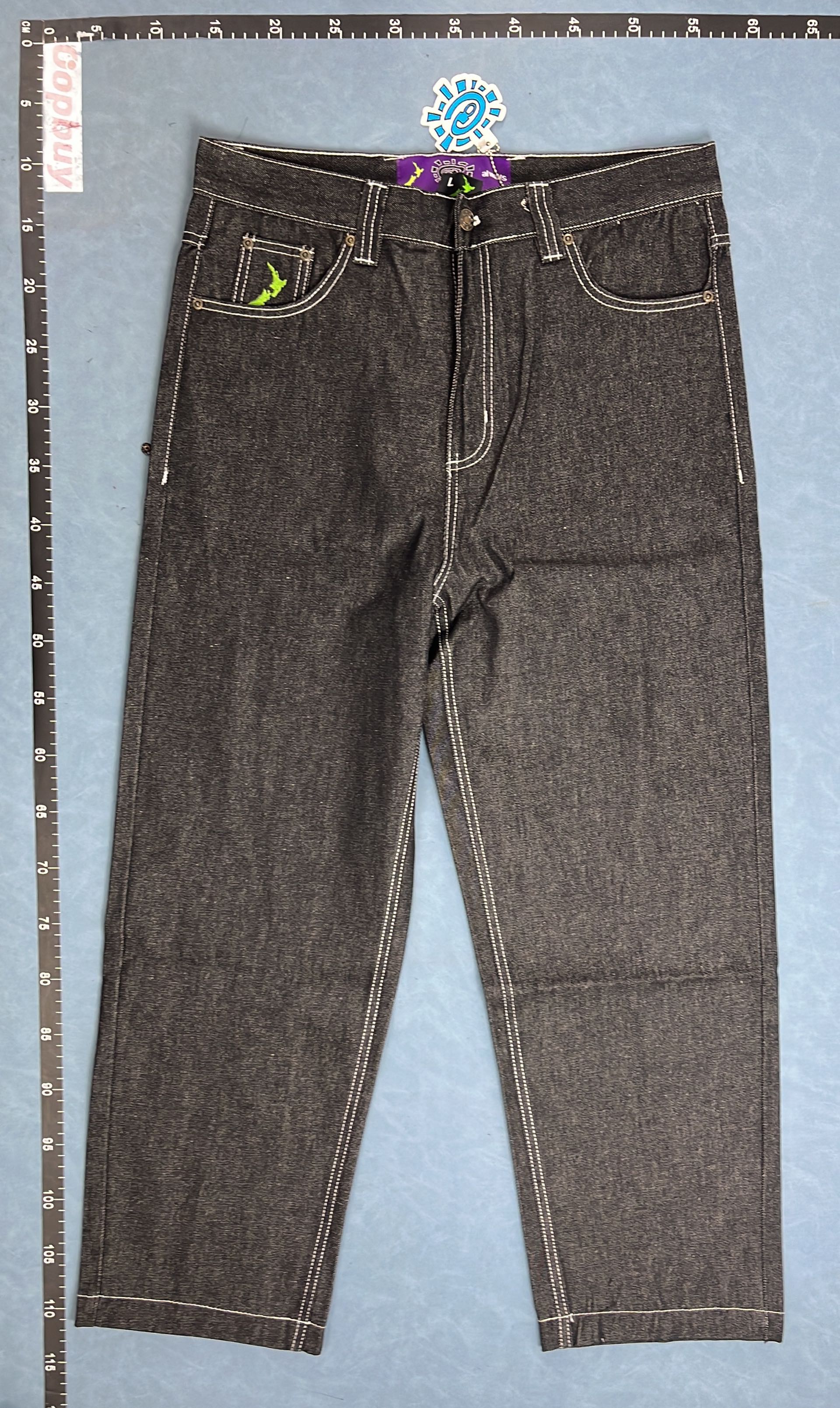 Light Blue and Black Denim Pants with Eye Patch Design