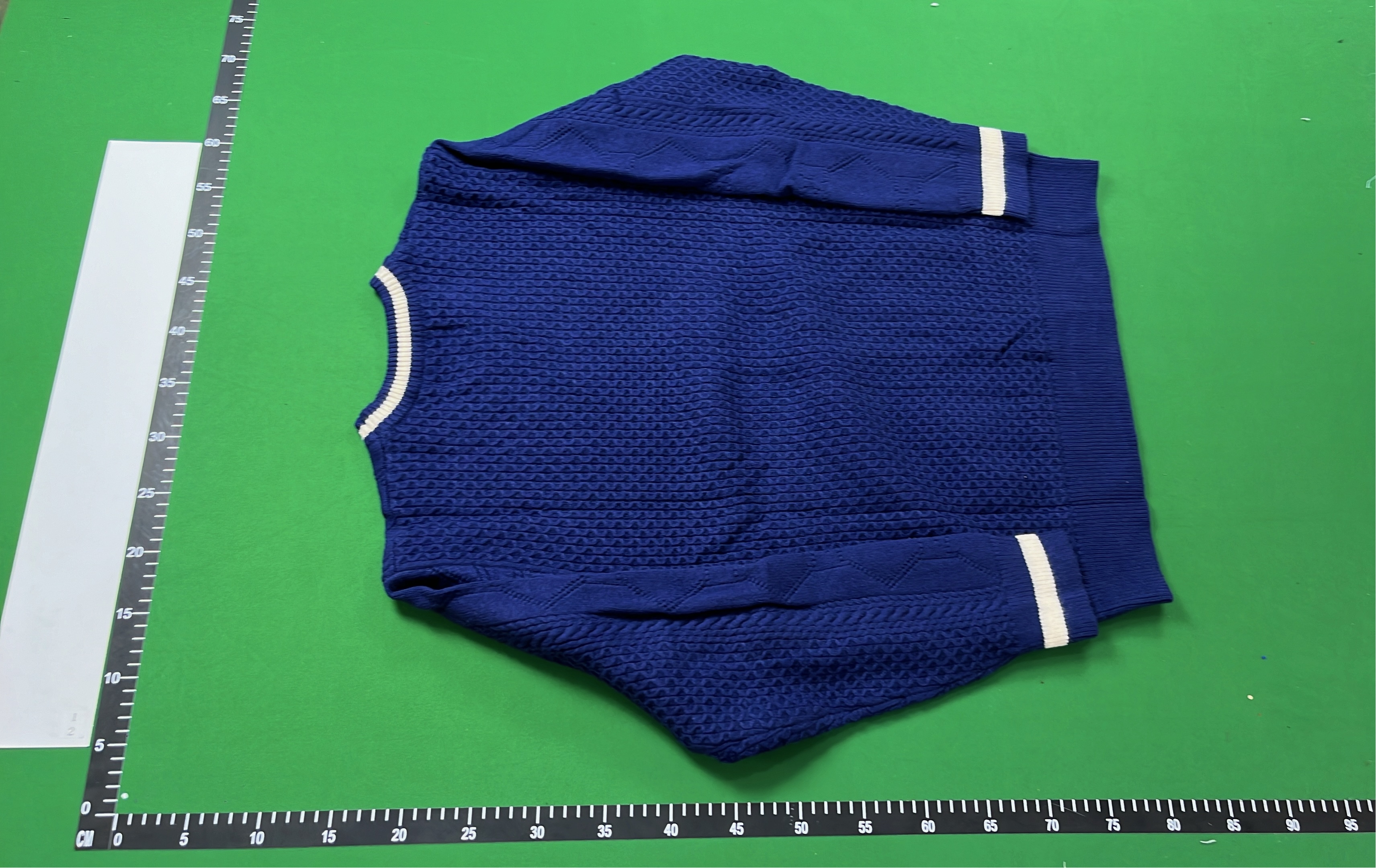 Navy Blue Cable Knit Sweater with White Trim