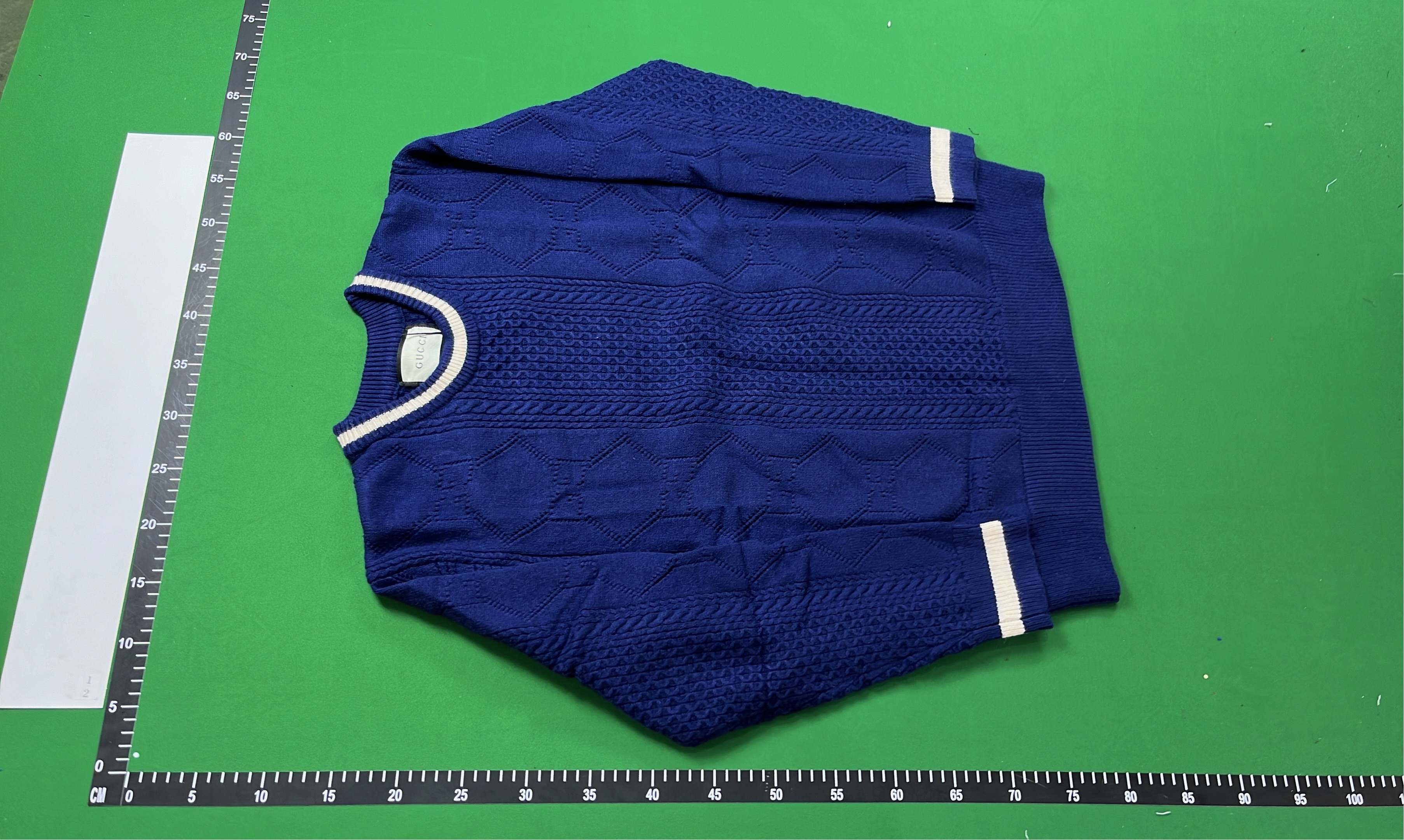 Navy Blue Cable Knit Sweater with White Trim