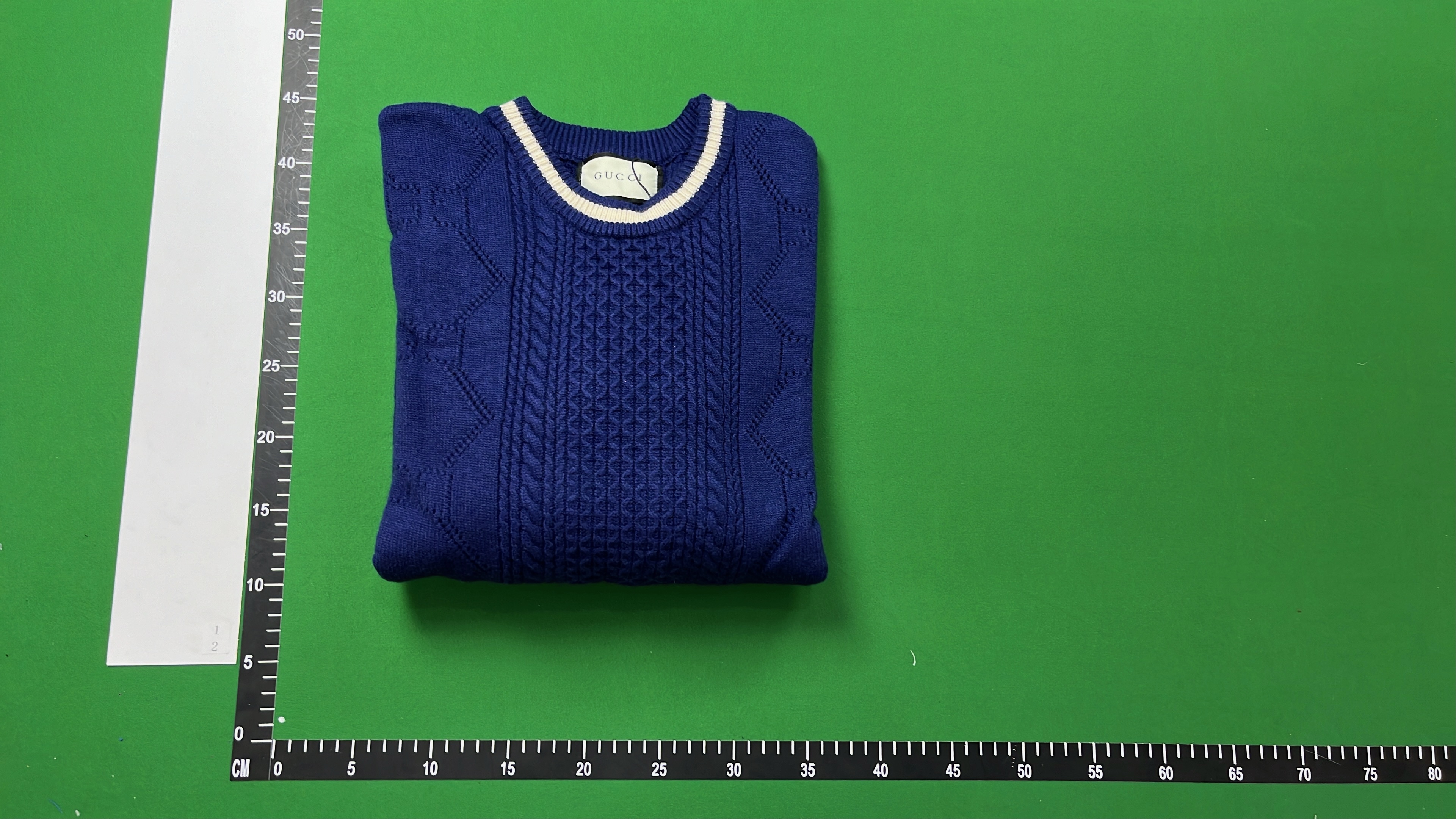 Navy Blue Cable Knit Sweater with White Trim
