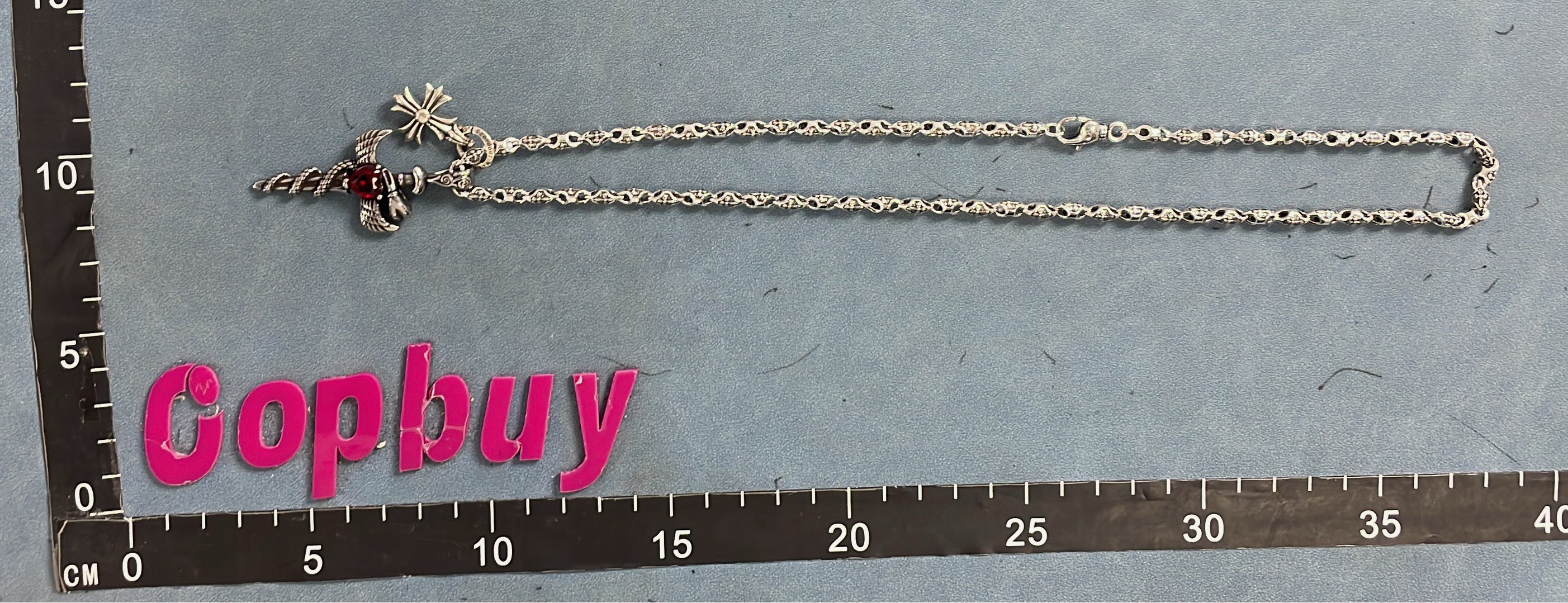 Chrome Hearts Silver Cross Pendant Necklace with Red Stone