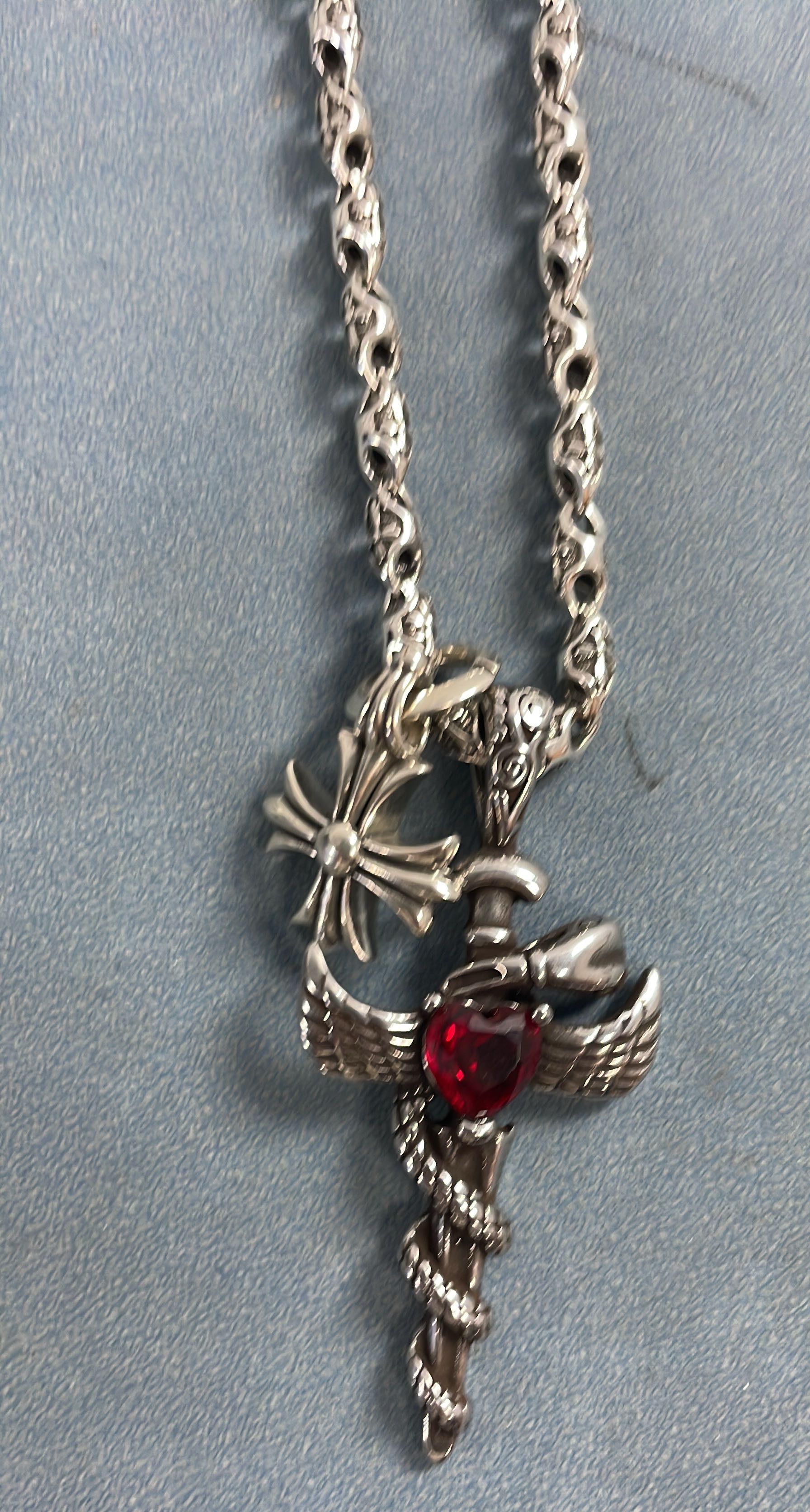 Chrome Hearts Silver Cross Pendant Necklace with Red Stone
