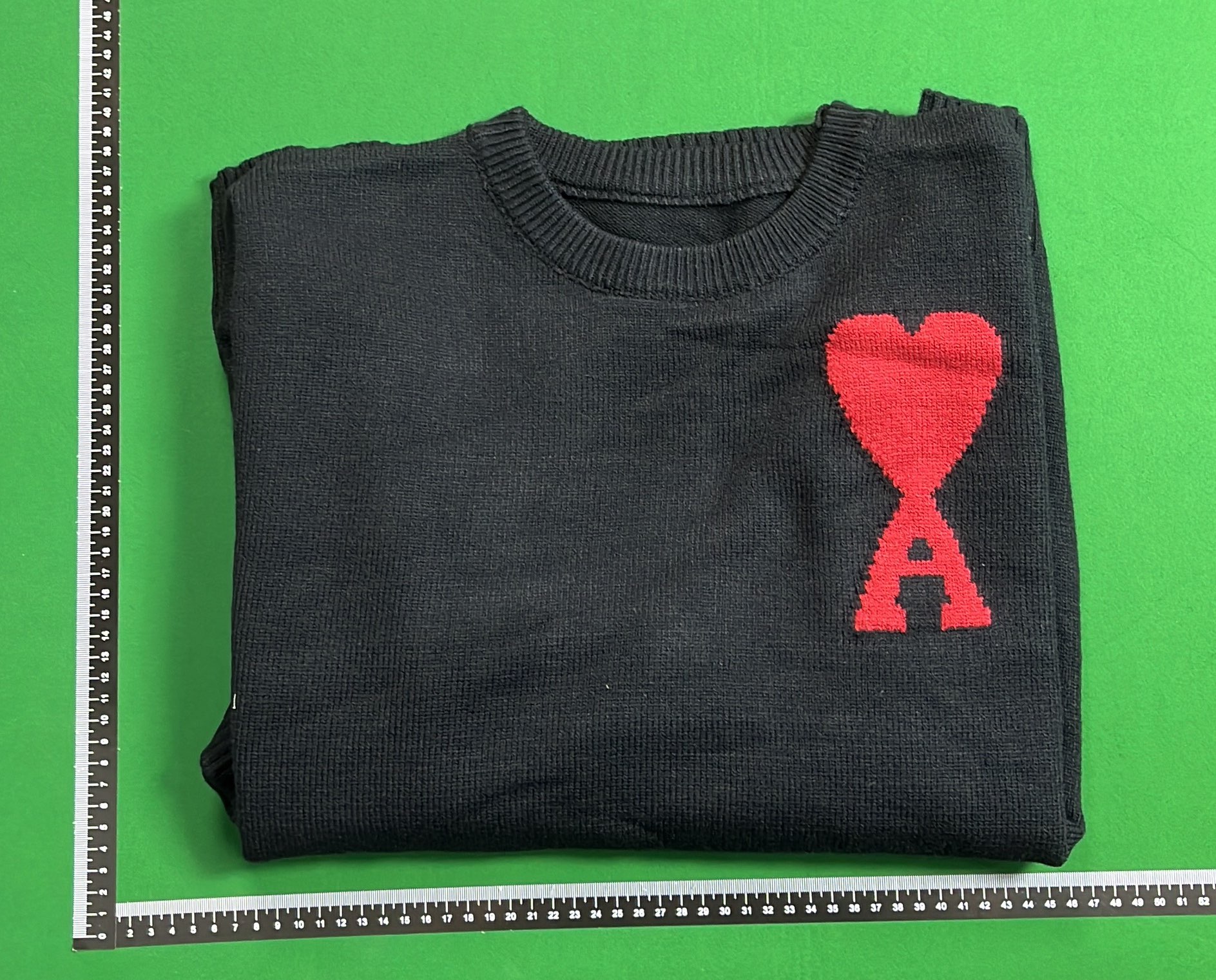 Black Knit Sweater with Red Heart and A Logo