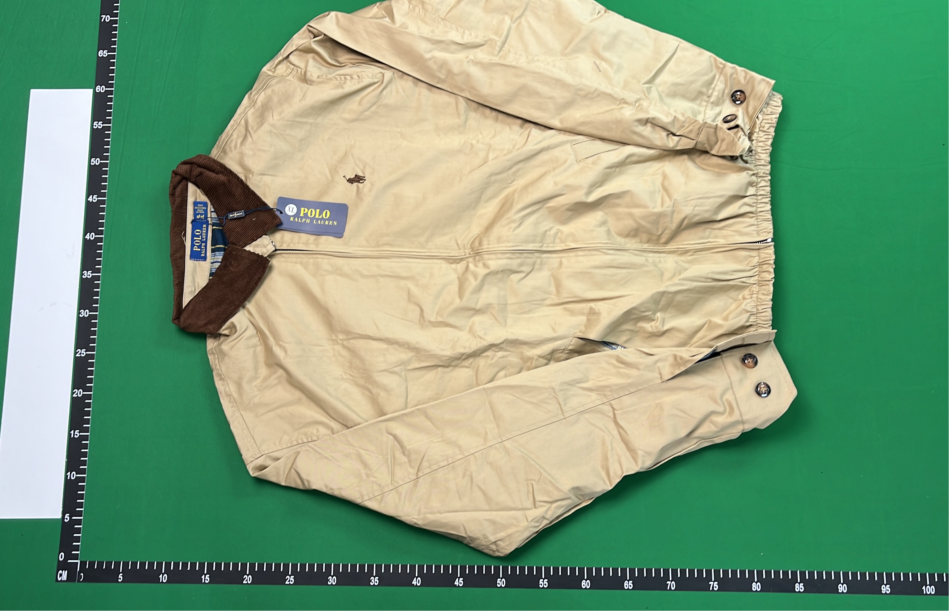 Beige Zip-Up Bomber Jacket with Brown Corduroy Collar