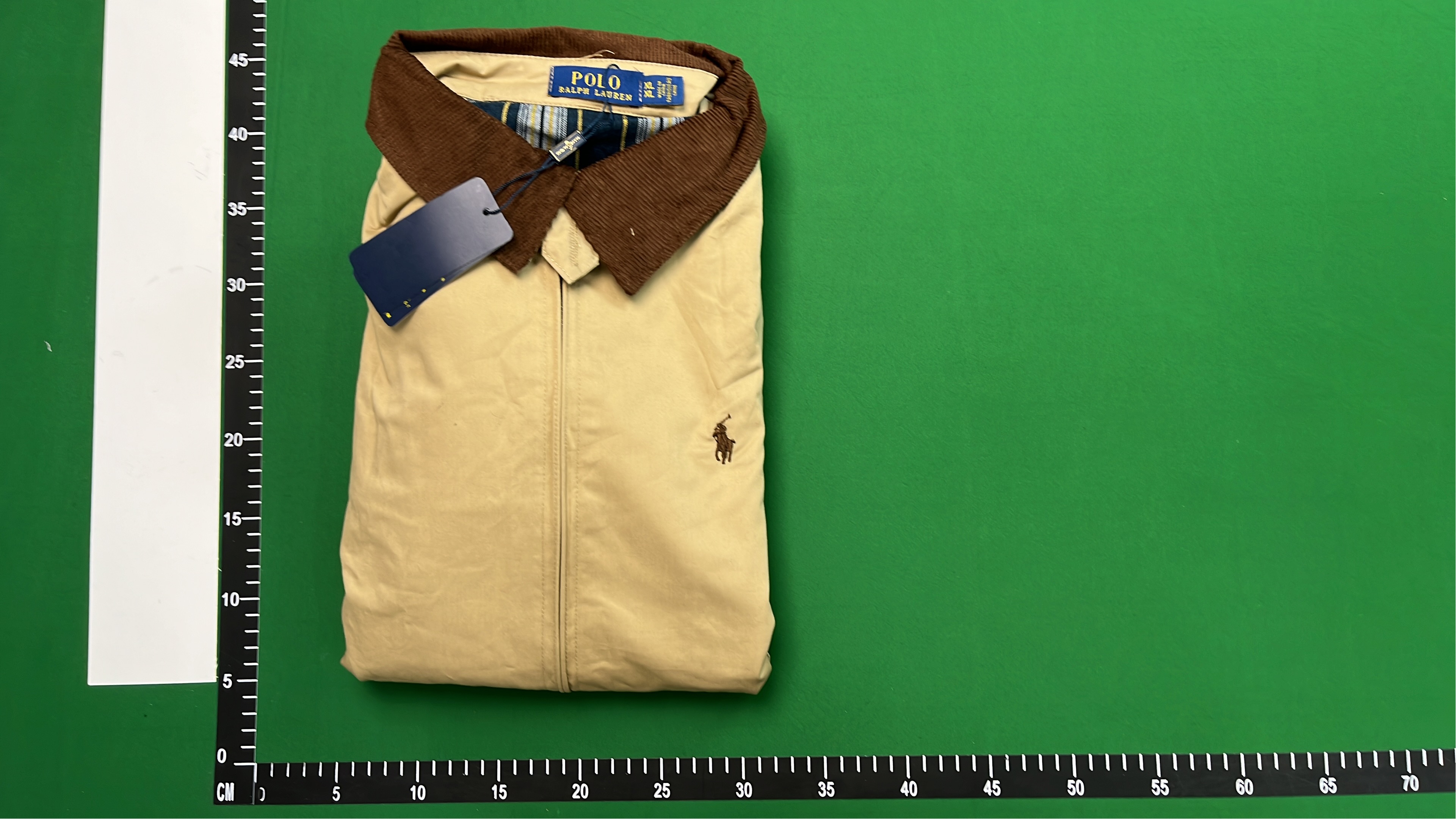 Beige Zip-Up Bomber Jacket with Brown Corduroy Collar