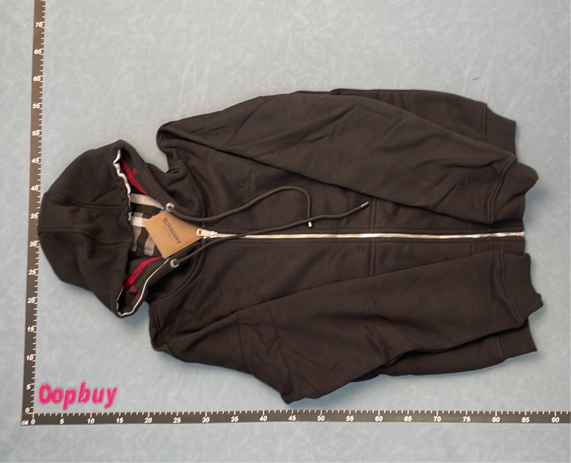 Gray Hoodie with Check Lining and Zip Front