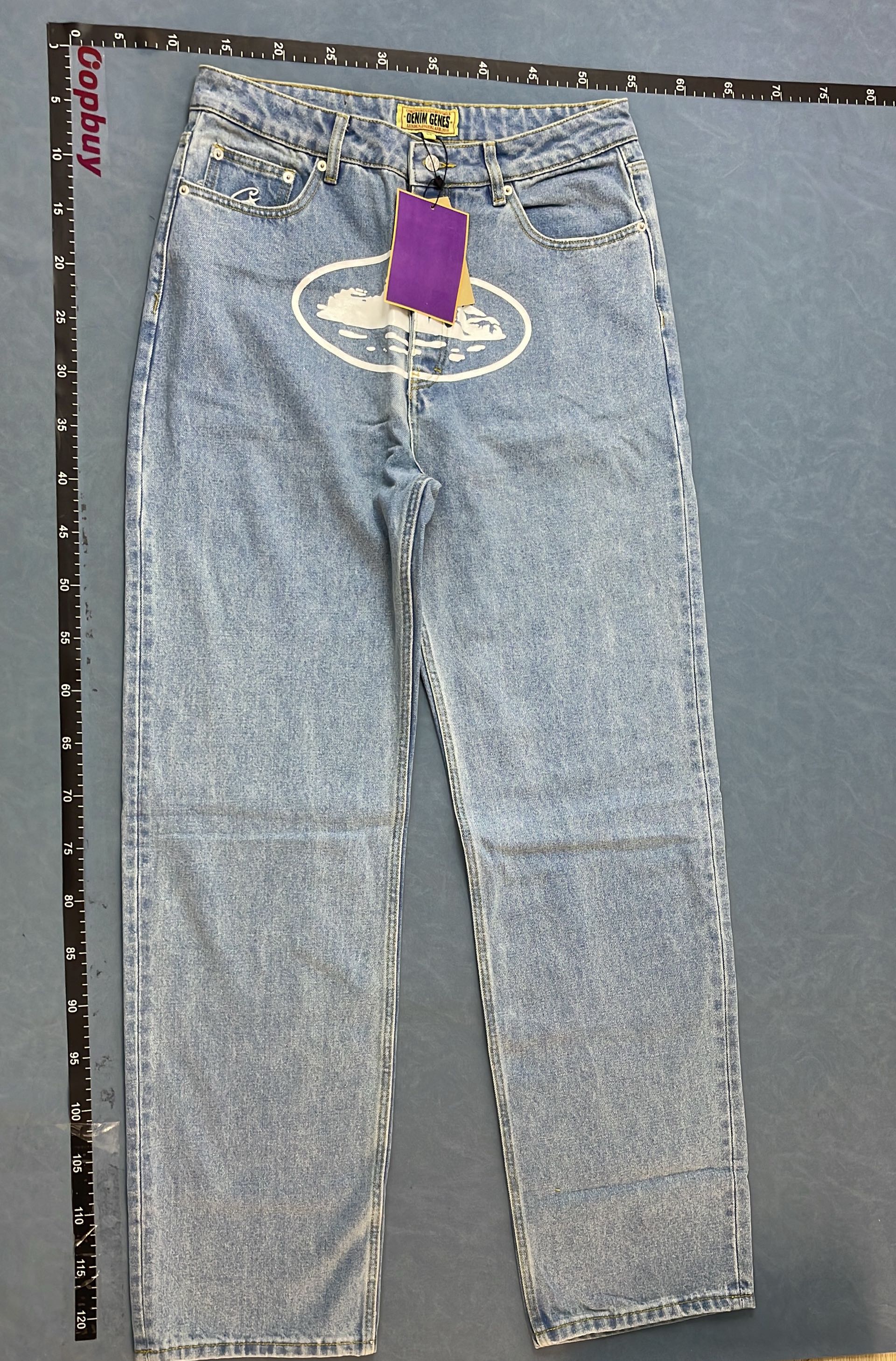 Light Blue Distressed Jeans with Unique Print