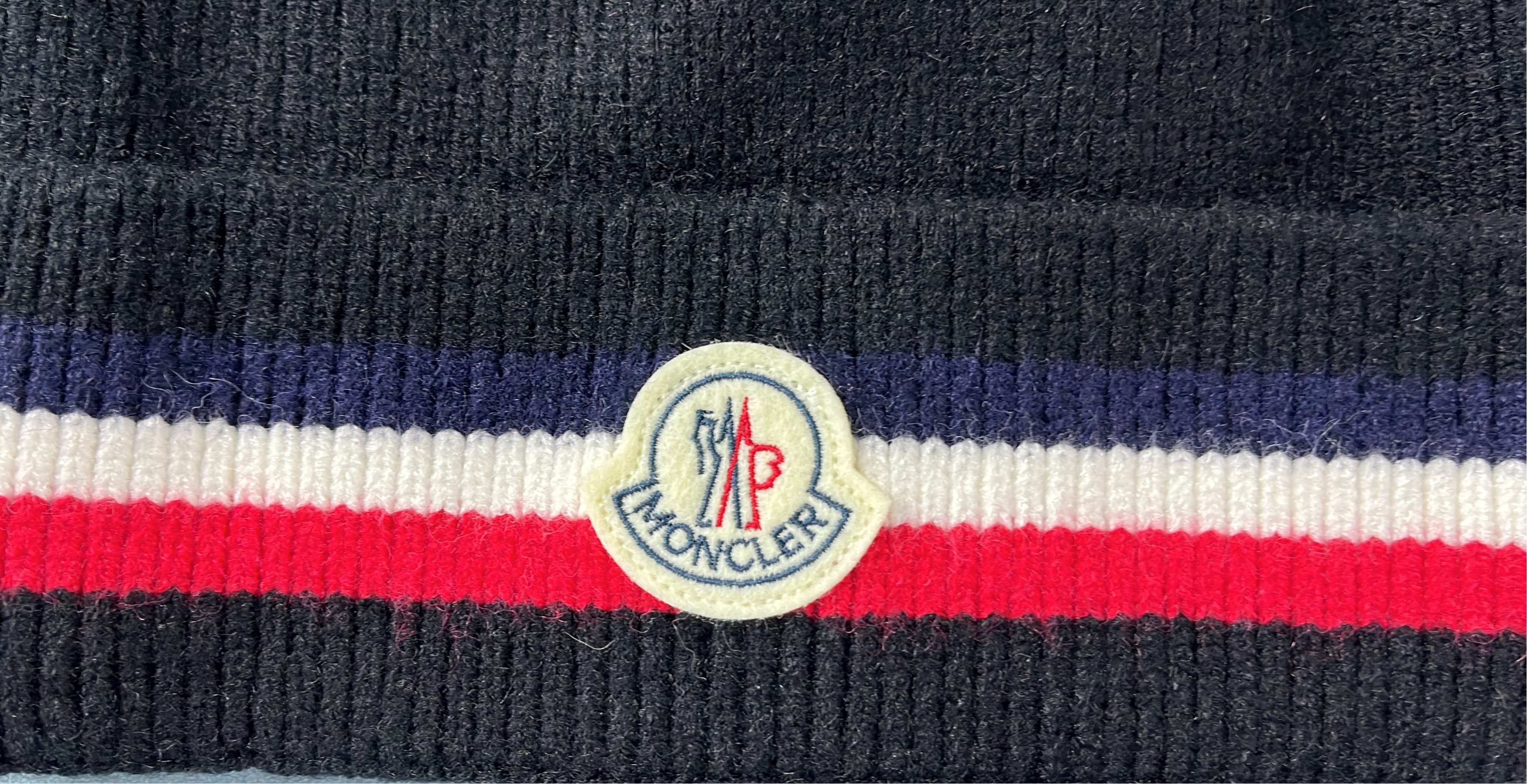 Moncler Knit Beanie Hat with Stripe Logo Patch