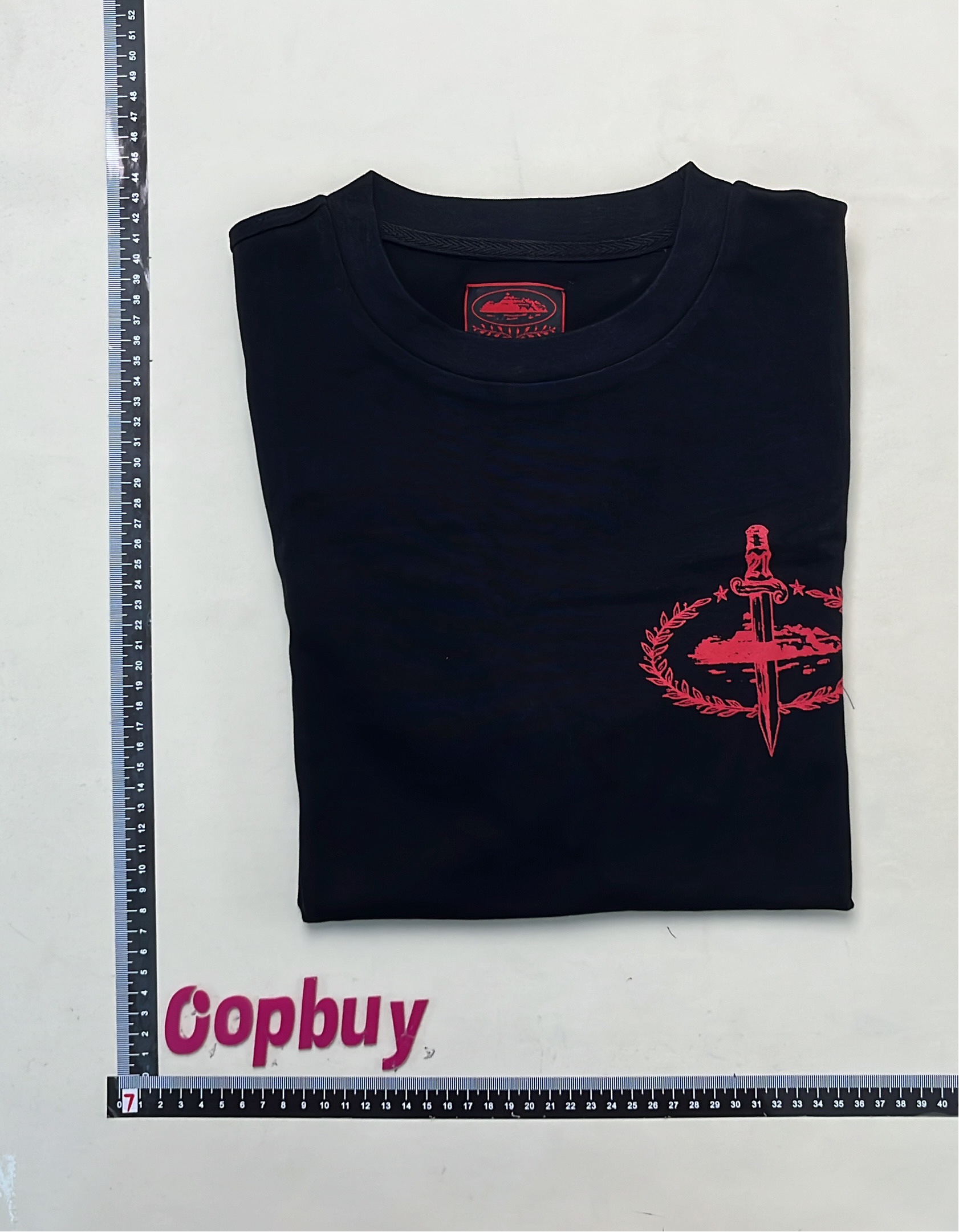 Black T-Shirt with Red Sword Graphic Design