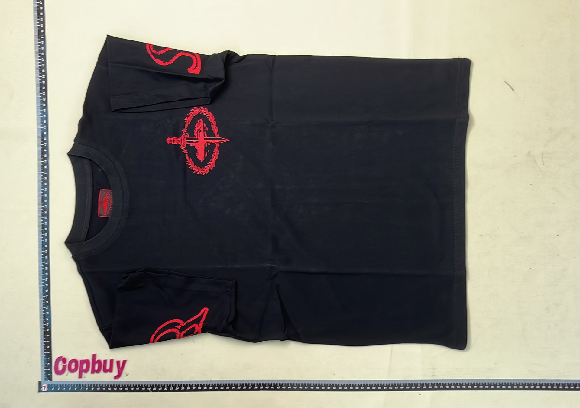 Black T-Shirt with Red Sword Graphic Design