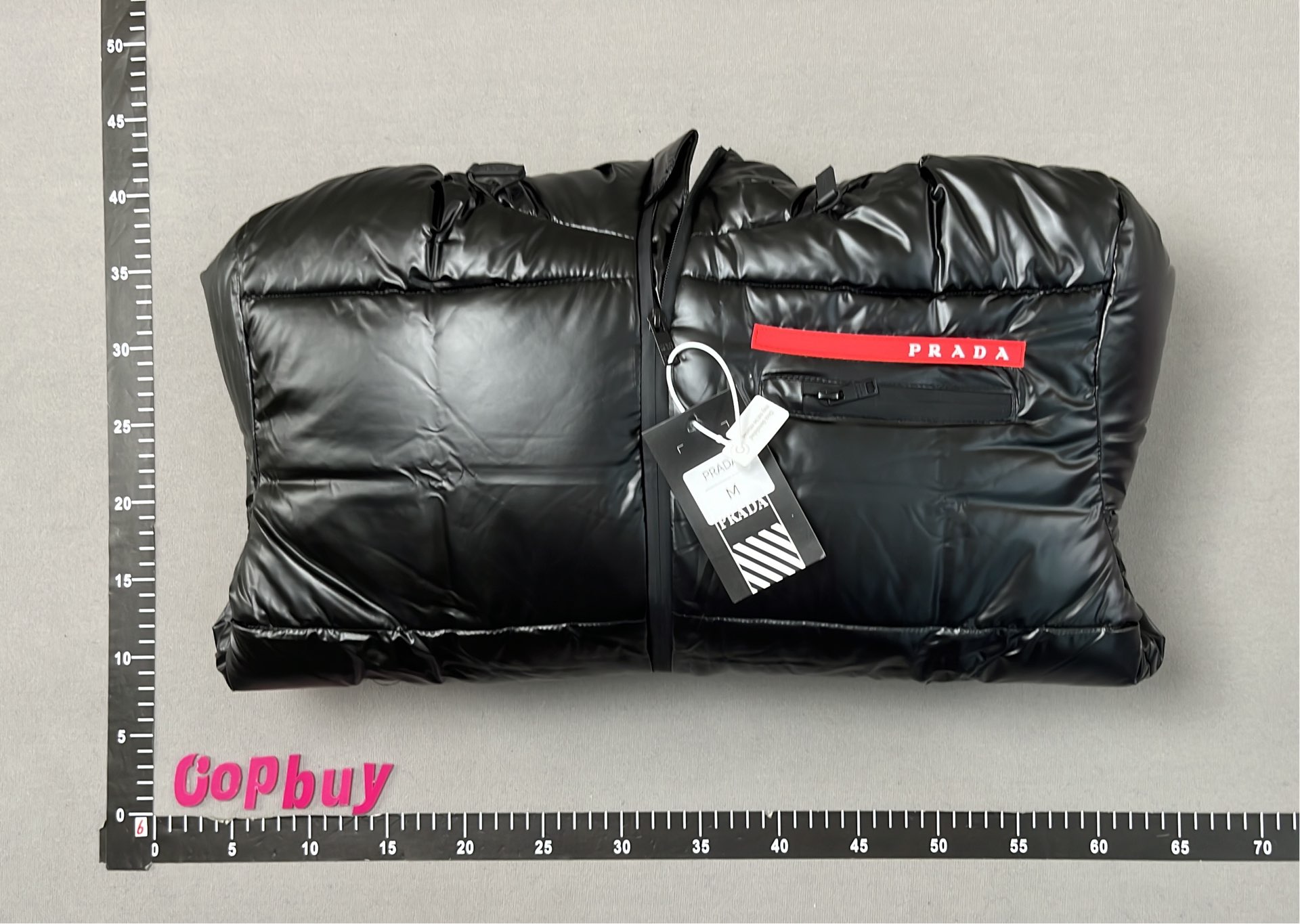 Prada Black Puffer Jacket with Hood and Red Logo