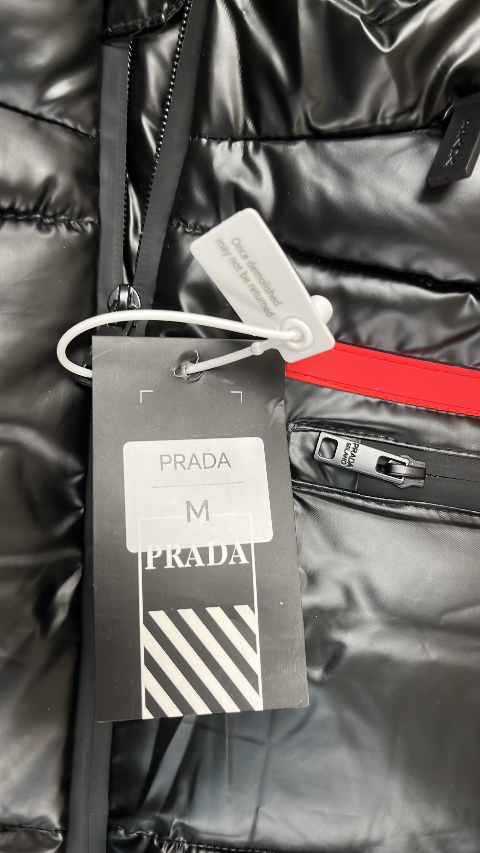 Prada Black Puffer Jacket with Hood and Red Logo