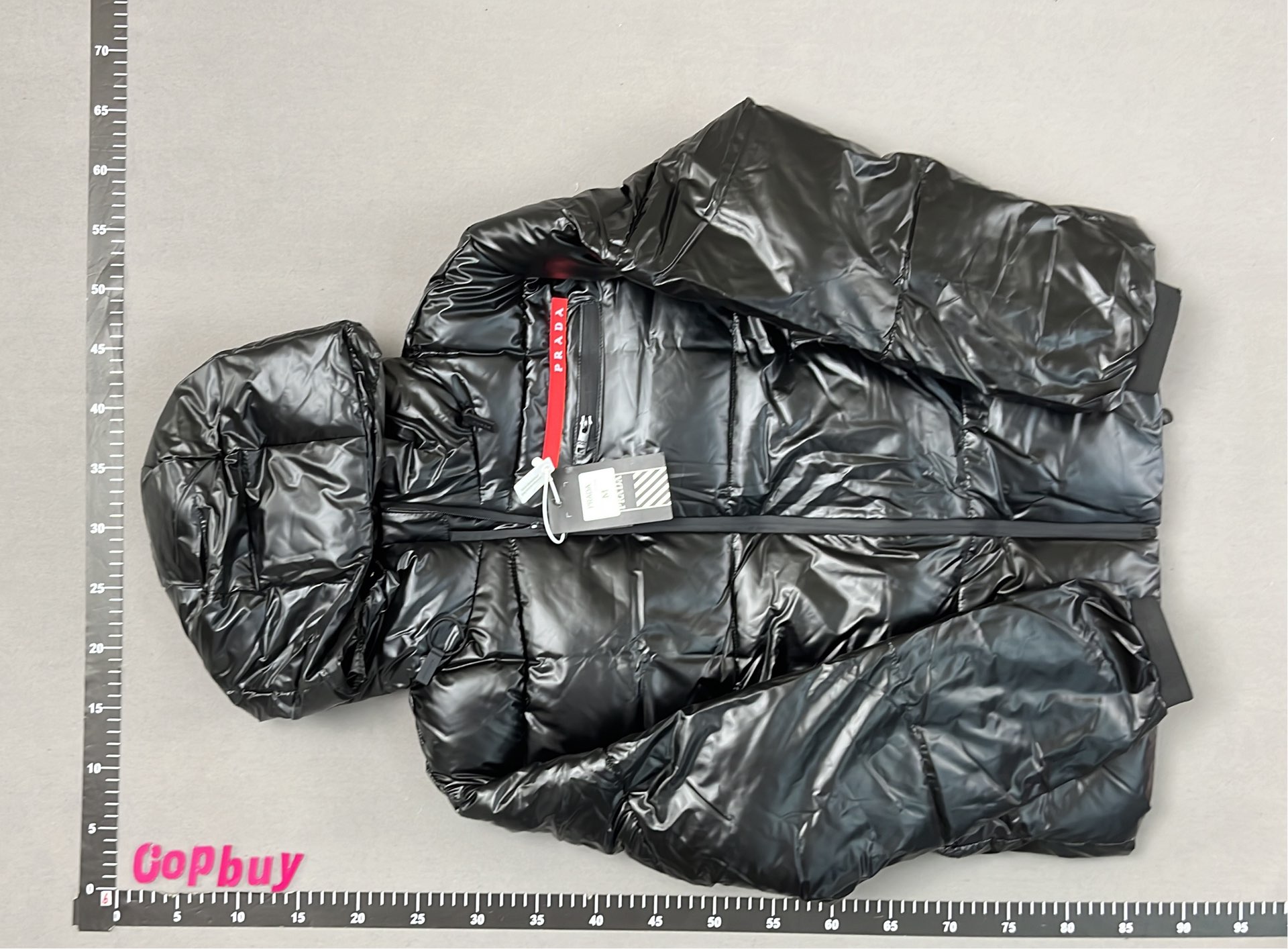 Prada Black Puffer Jacket with Hood and Red Logo