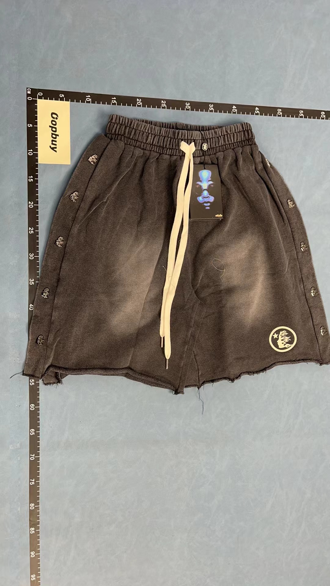 Gray Drawstring Shorts with Embroidered Logo and Side Buttons