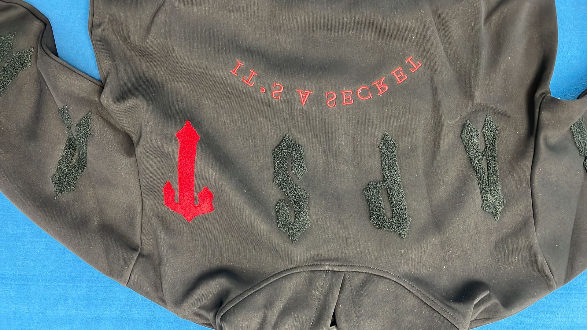 Black Jacket with Red Accents and White Stripe Design