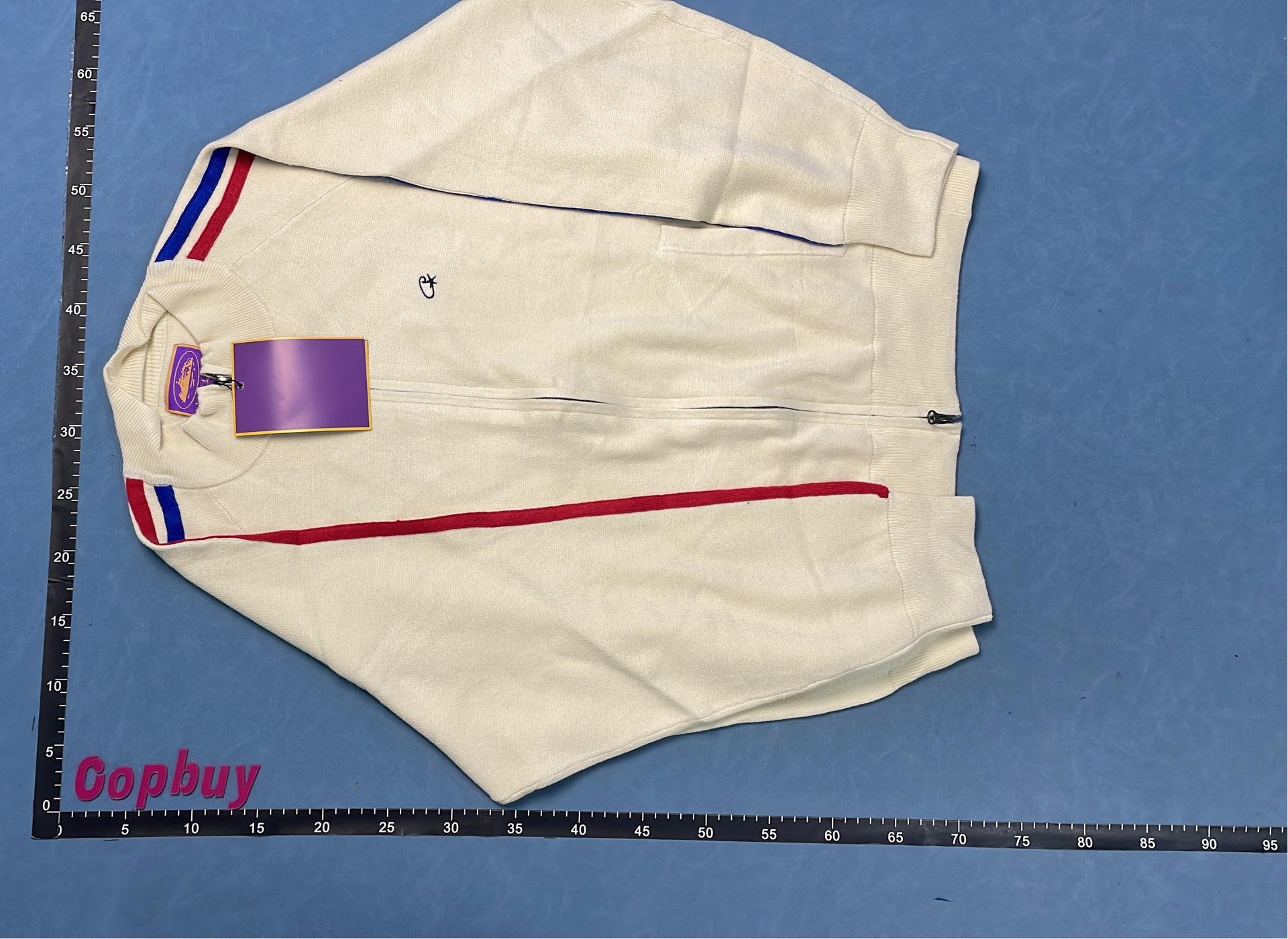 Cream Track Jacket with Red and Blue Stripes