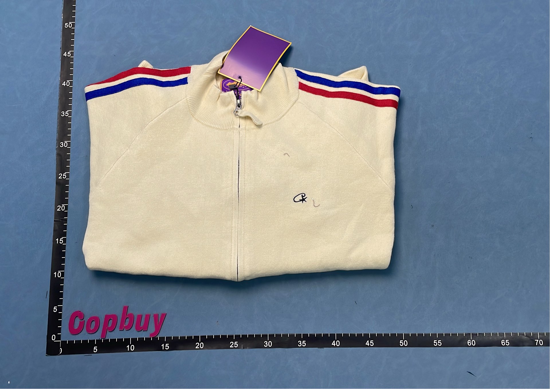Cream Track Jacket with Red and Blue Stripes