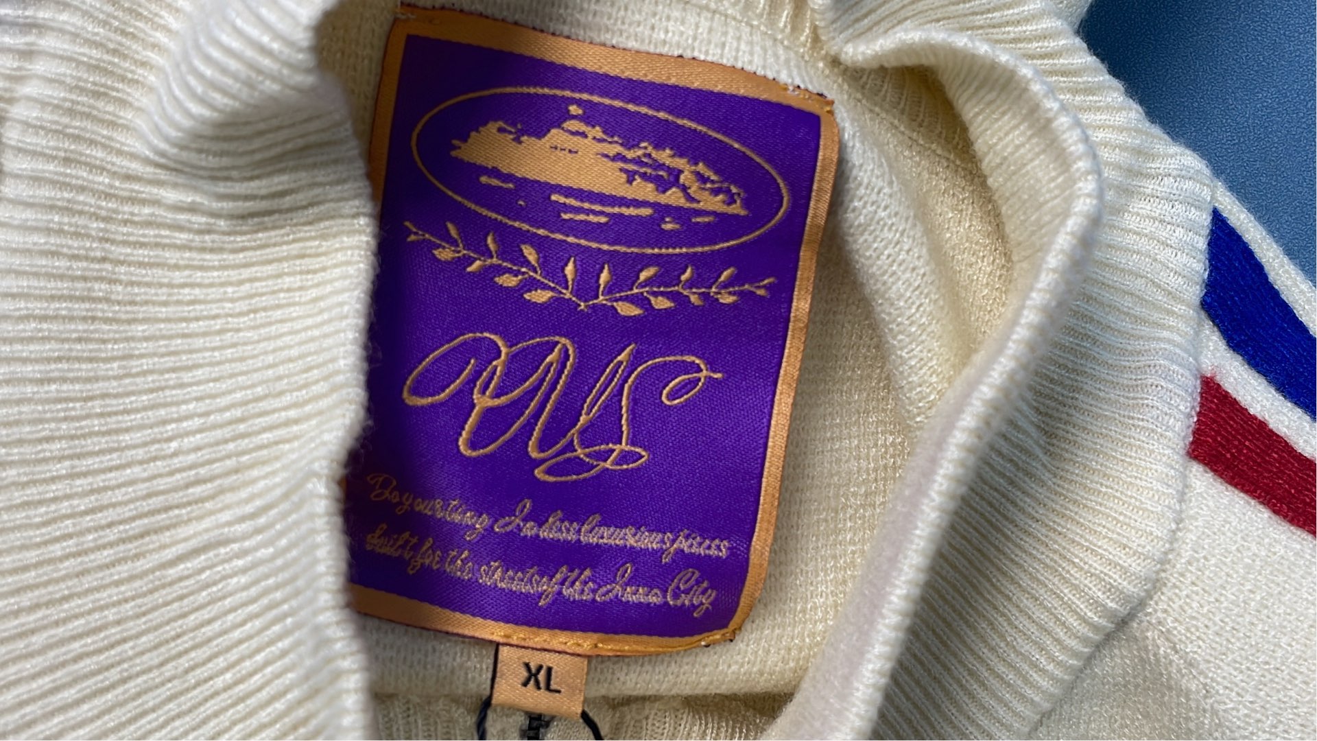 Cream Track Jacket with Red and Blue Stripes