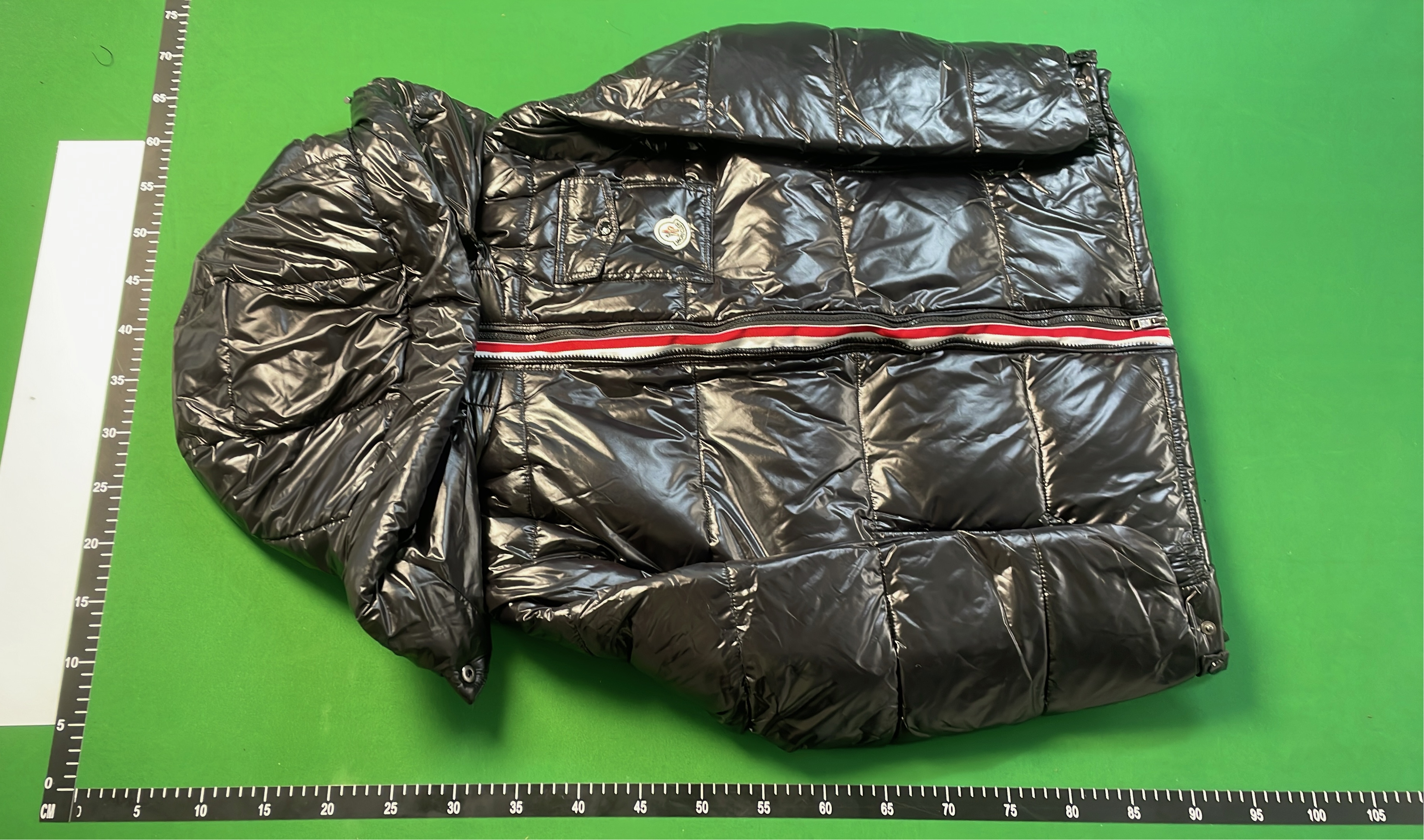 Black Down Jacket with Red and White Stripe Zipper