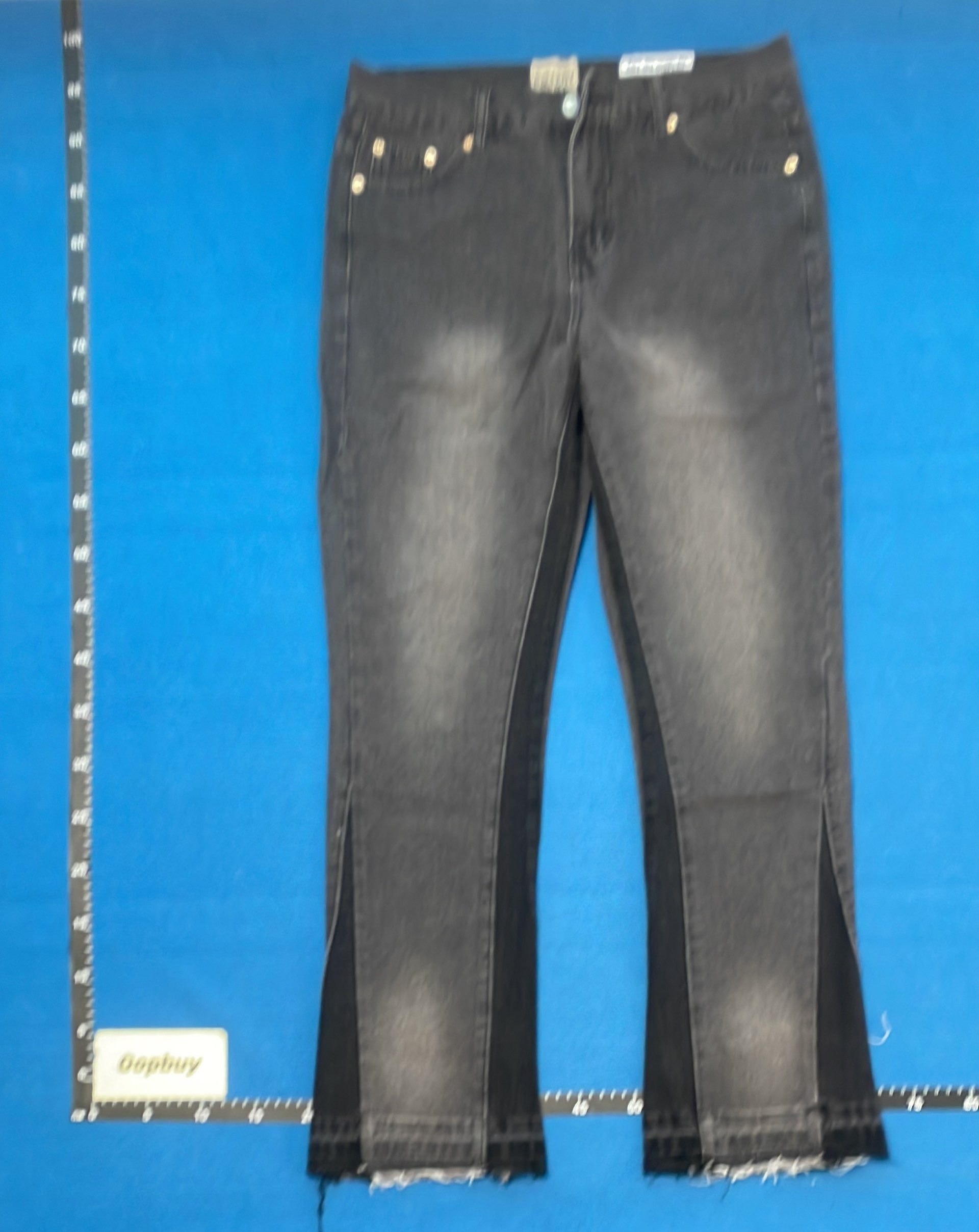 Black Distressed Denim Jeans with Embroidery and Frayed Hem