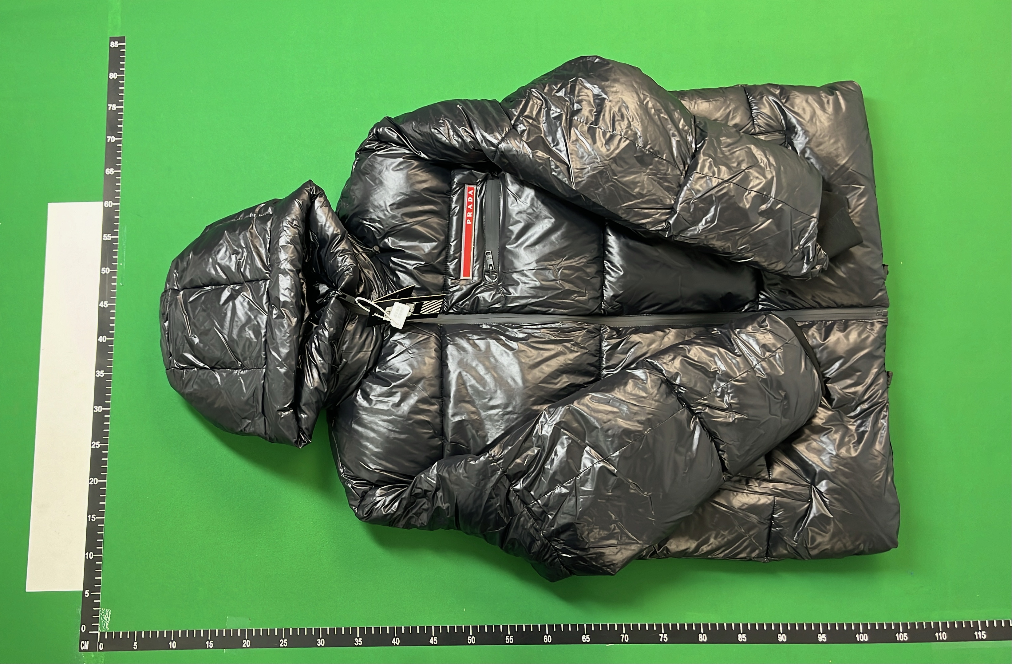 Prada Black Puffer Jacket with Hood and Logo Patch