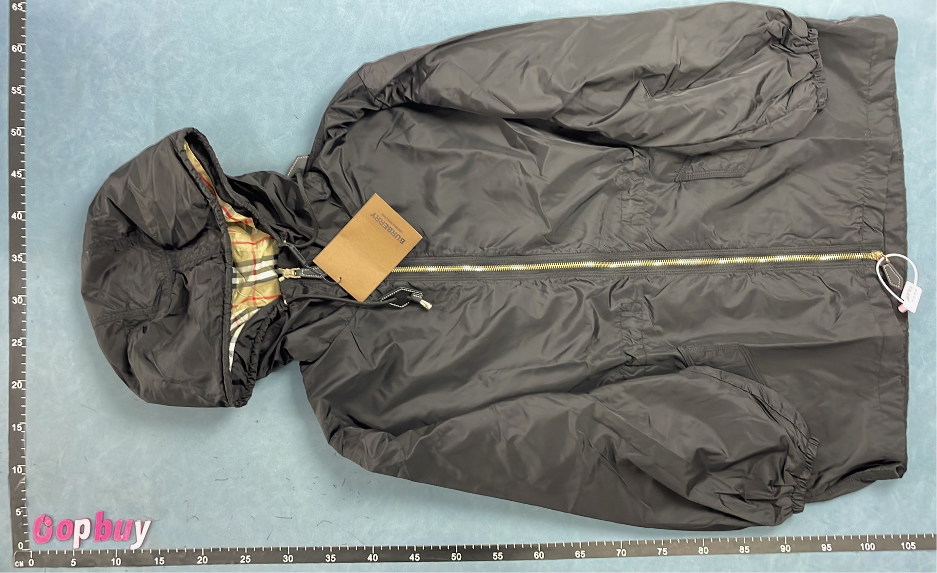 Black Hooded Rain Jacket with Check Lining