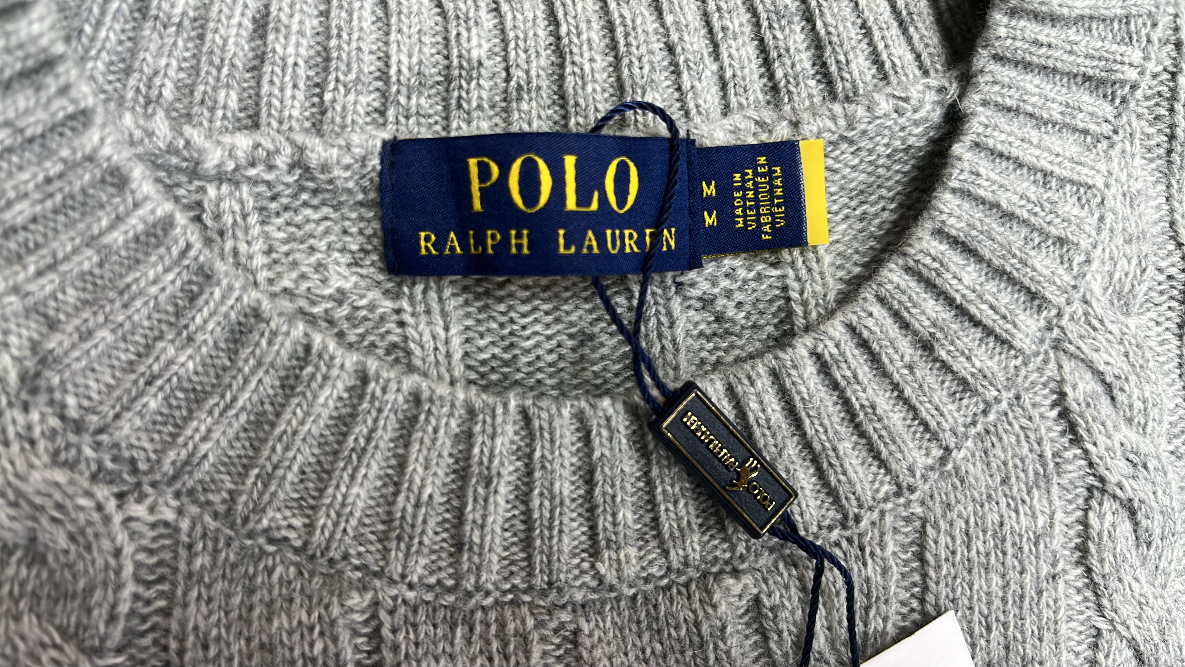 Men's Navy Cable Knit Sweater with Red Pony Logo