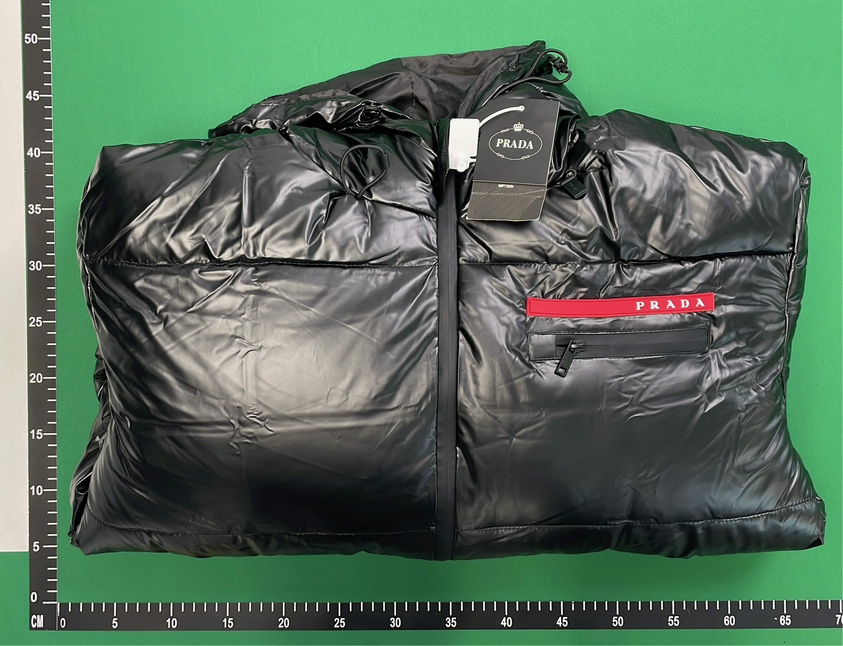 Prada Black Nylon Down Jacket with Hood and Red Logo Strip