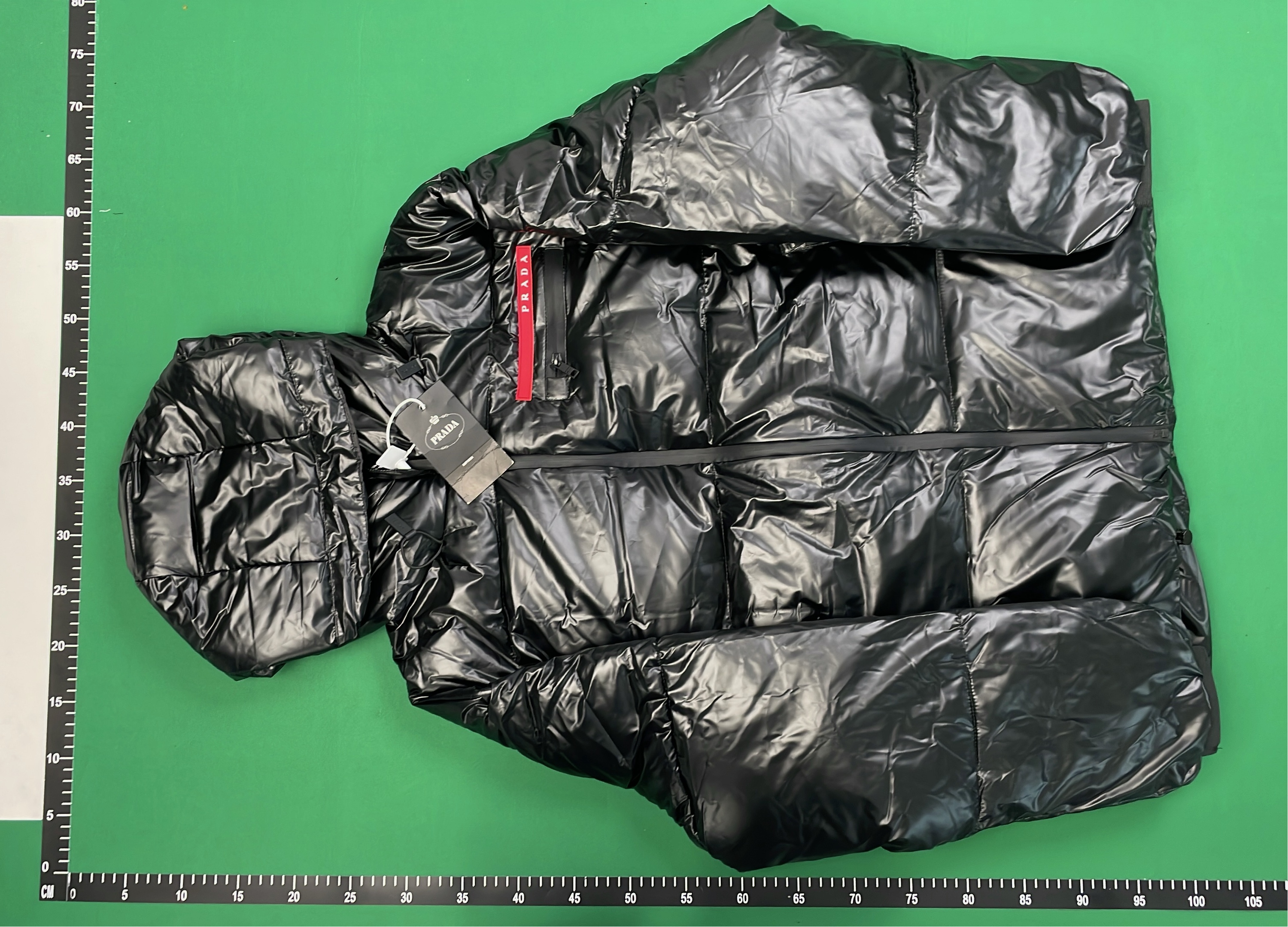 Prada Black Nylon Down Jacket with Hood and Red Logo Strip