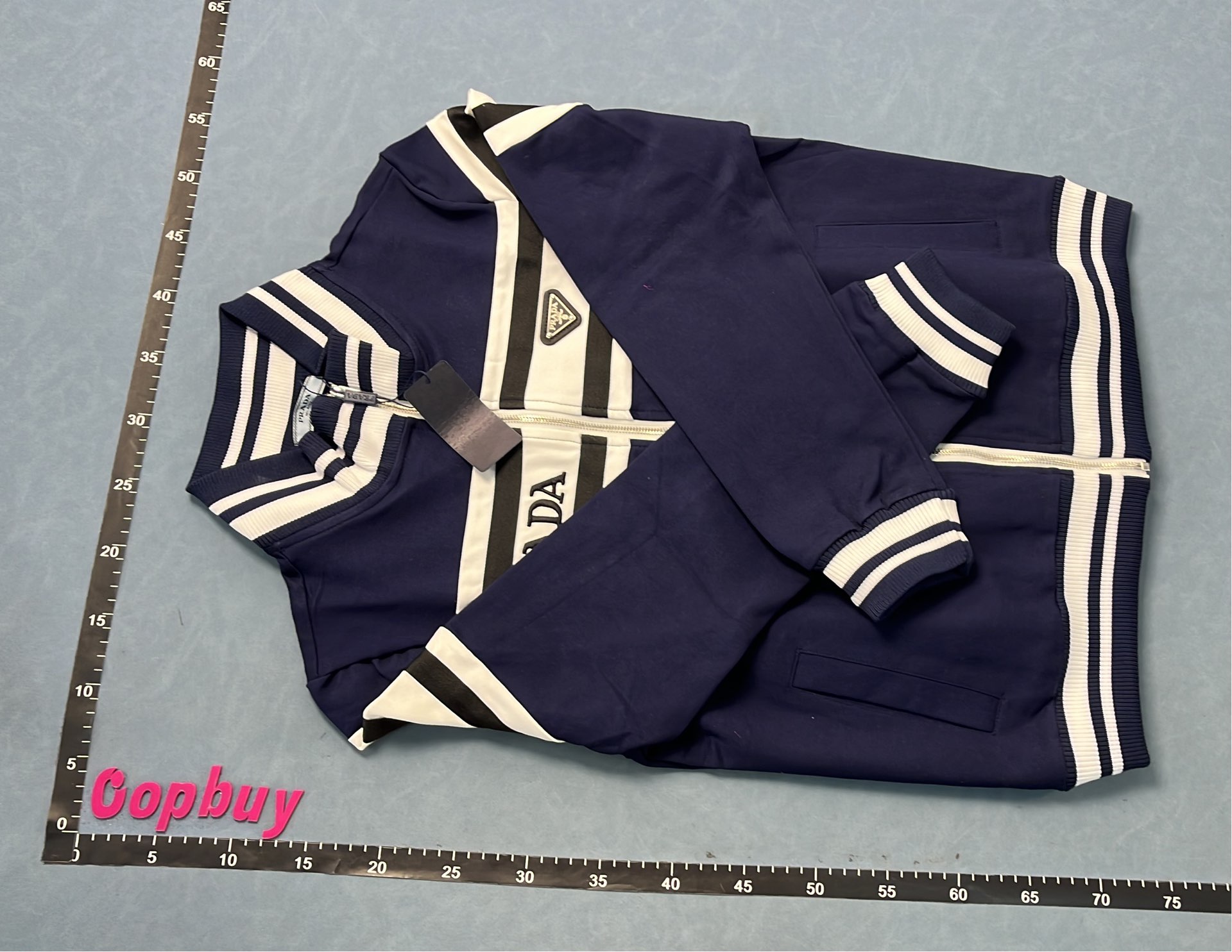 Prada Navy Blue Track Suit Set with White Stripes