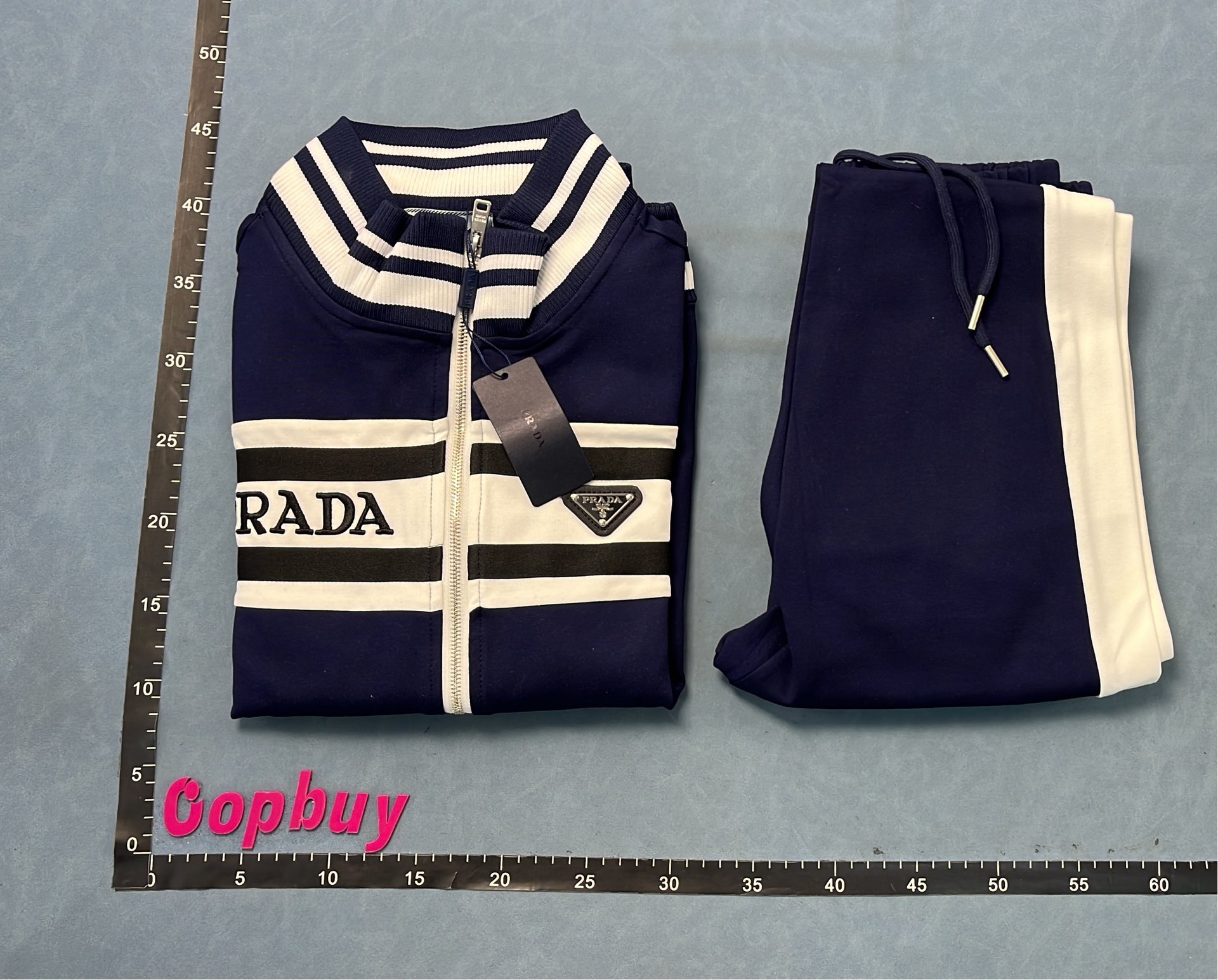Prada Navy Blue Track Suit Set with White Stripes