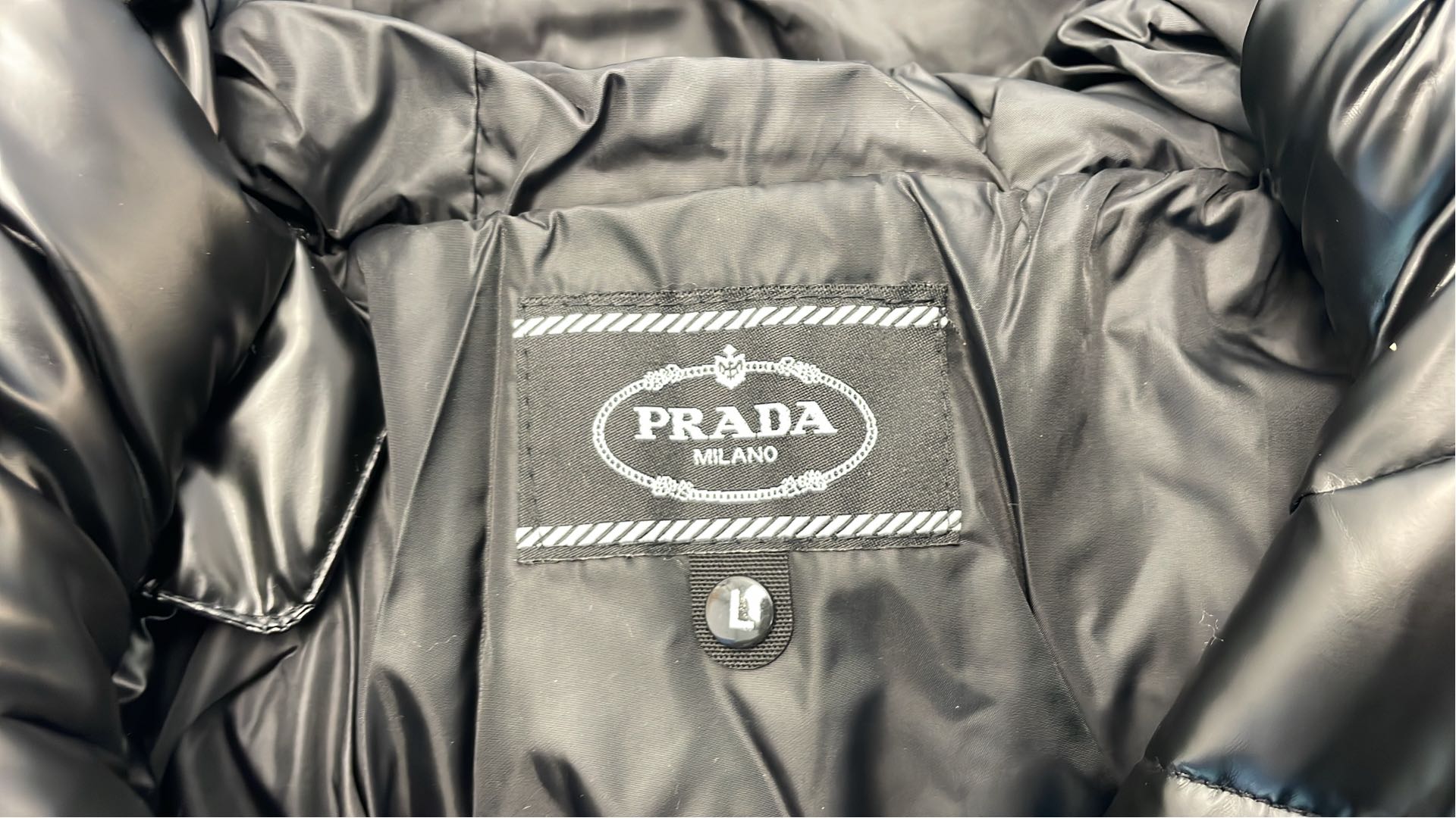 Prada Black Puffer Jacket with Hood and Red Logo