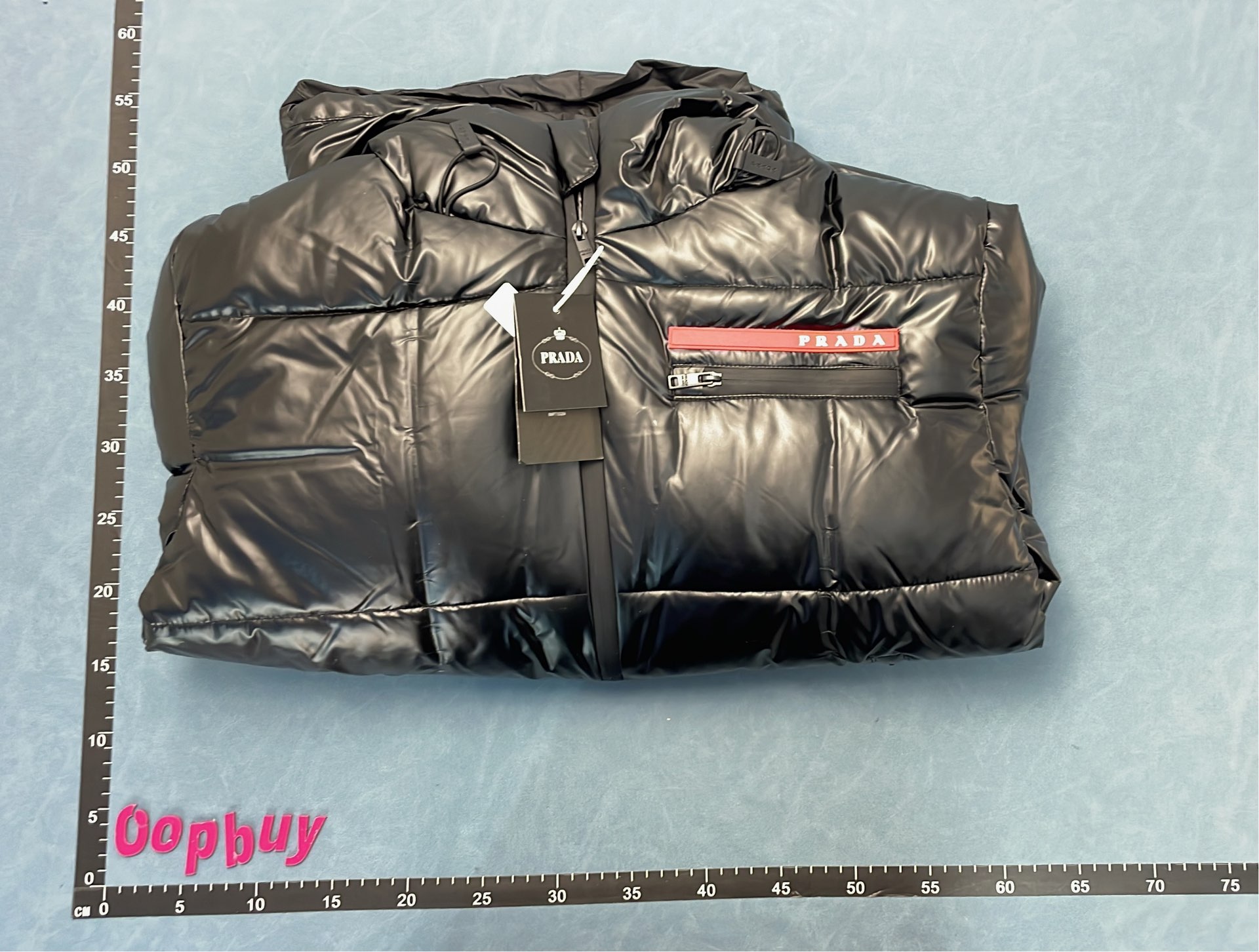 Prada Black Puffer Jacket with Hood and Red Logo