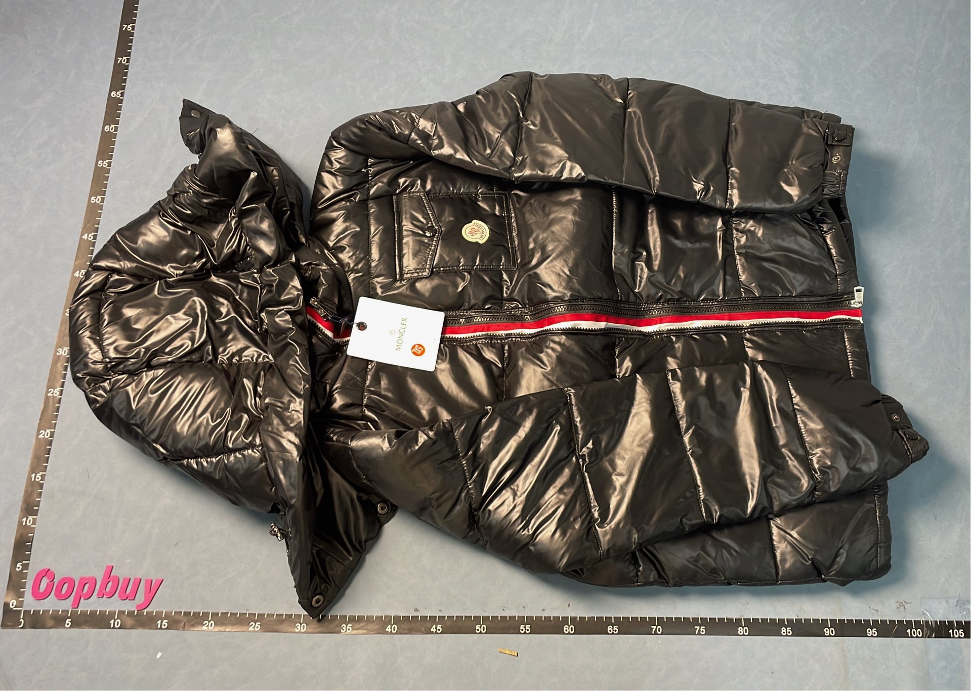 Moncler Black Puffer Jacket with Hood and Red Zipper