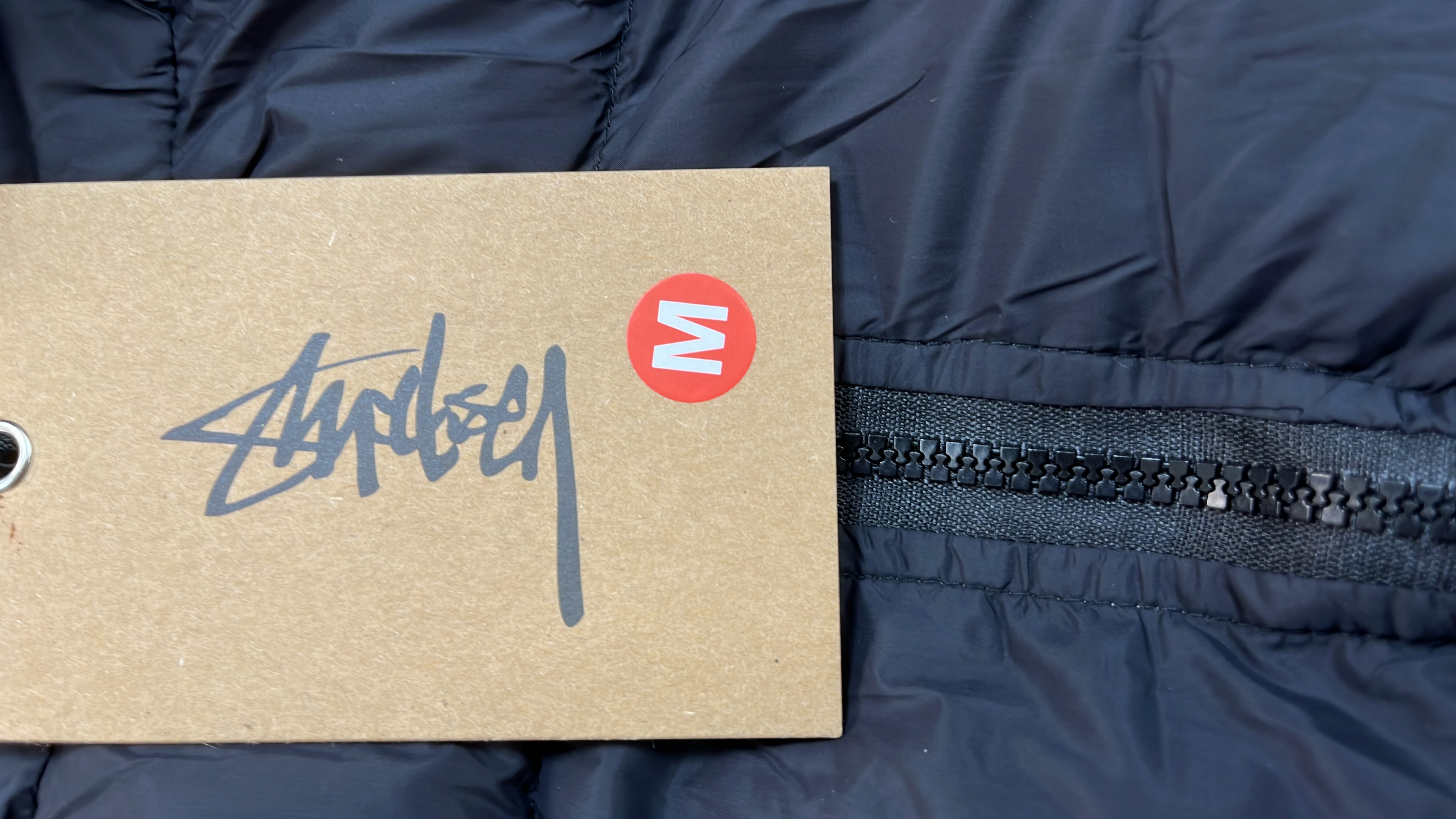 Stussy Hooded Puffer Jacket - Black, Yellow, and Pink Lined