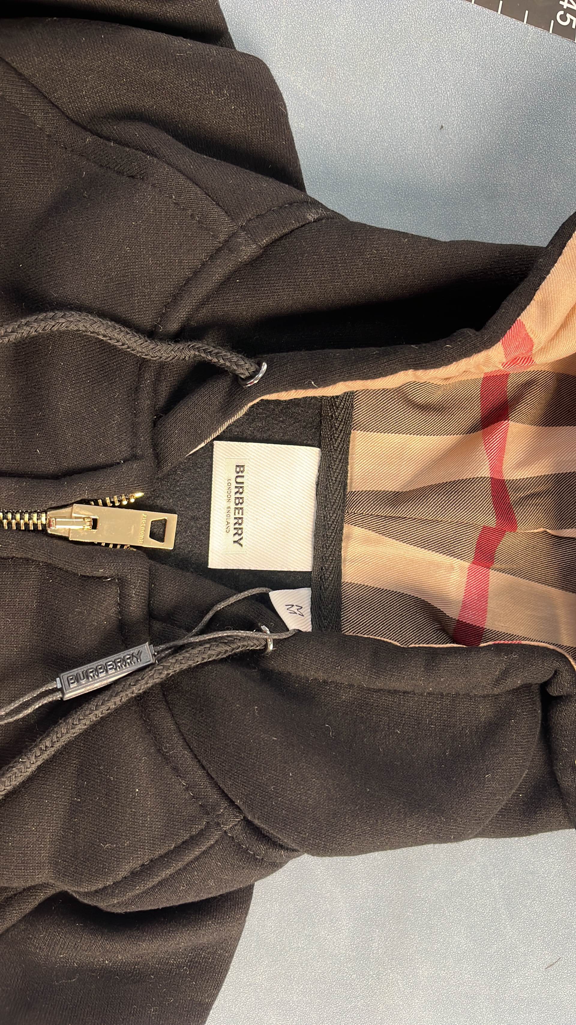Burberry Black Hoodie with Check Lining Zip-Up Sweatshirt