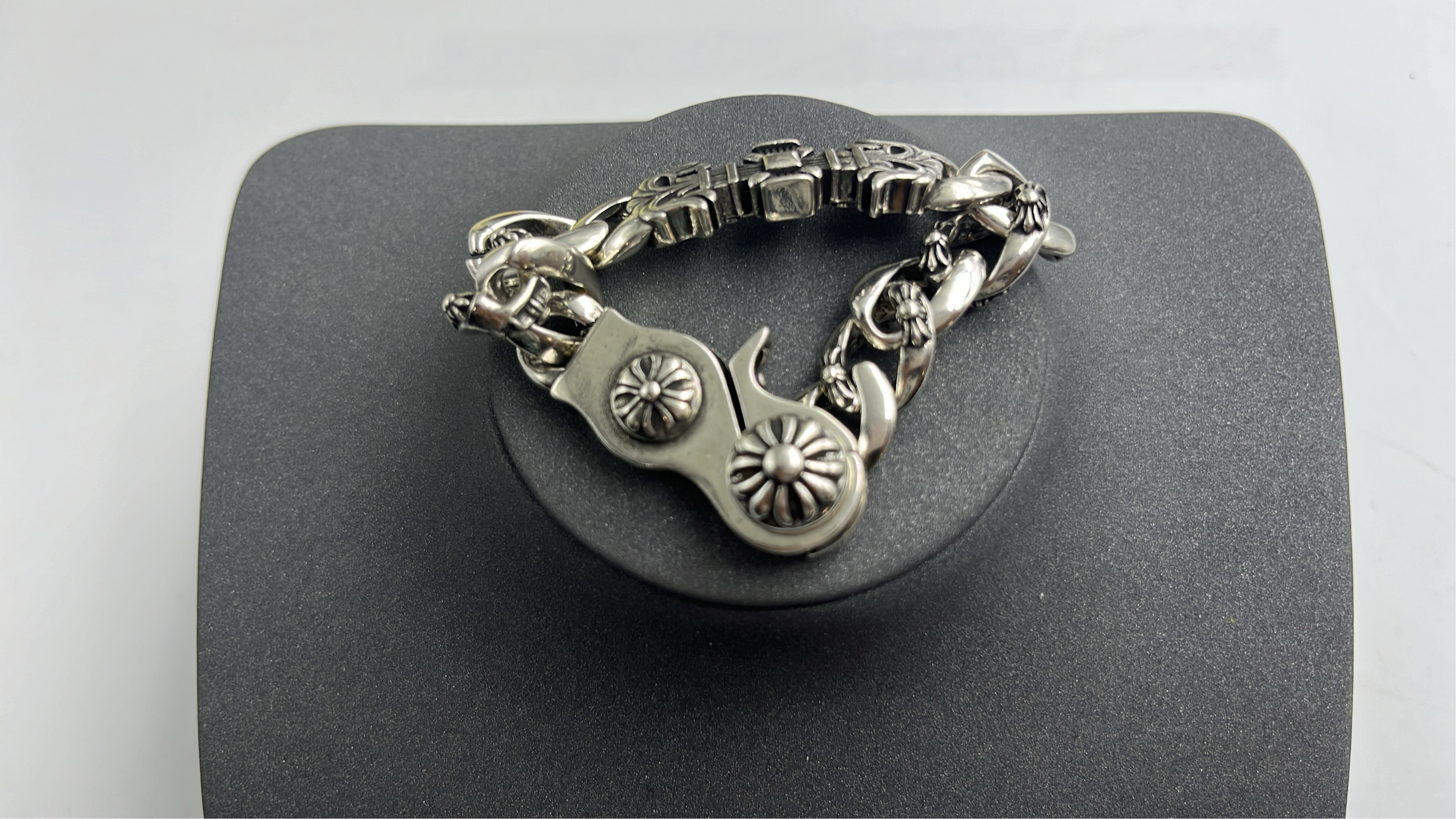Chrome Hearts Silver Floral Bracelet with Cross Charm