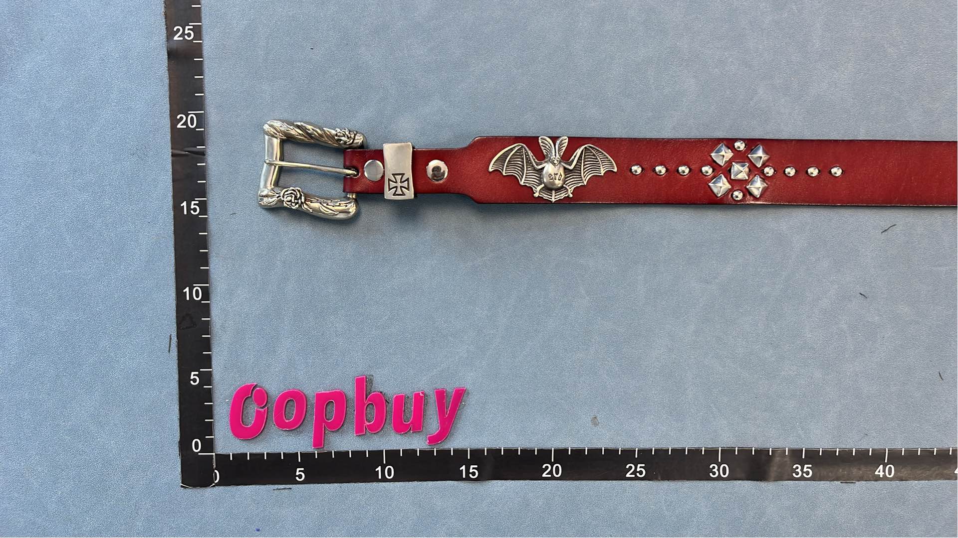 Percy Leather Belt with Bat Buckle and Iron Cross Design